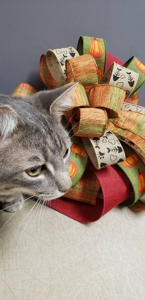 Fall Wreath Bow with Cat paw & fish bone ribbon, Fall Decor