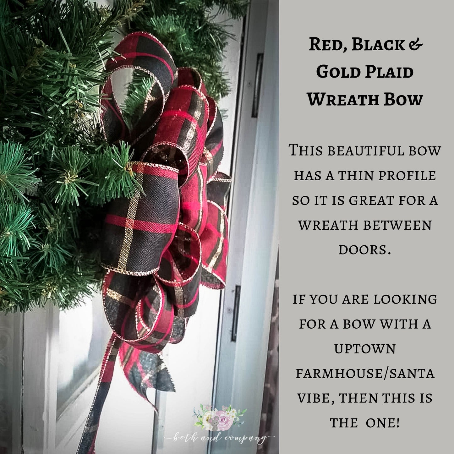 Red Black and Gold Christmas Wreath Bow, Farmhouse Santa Bow