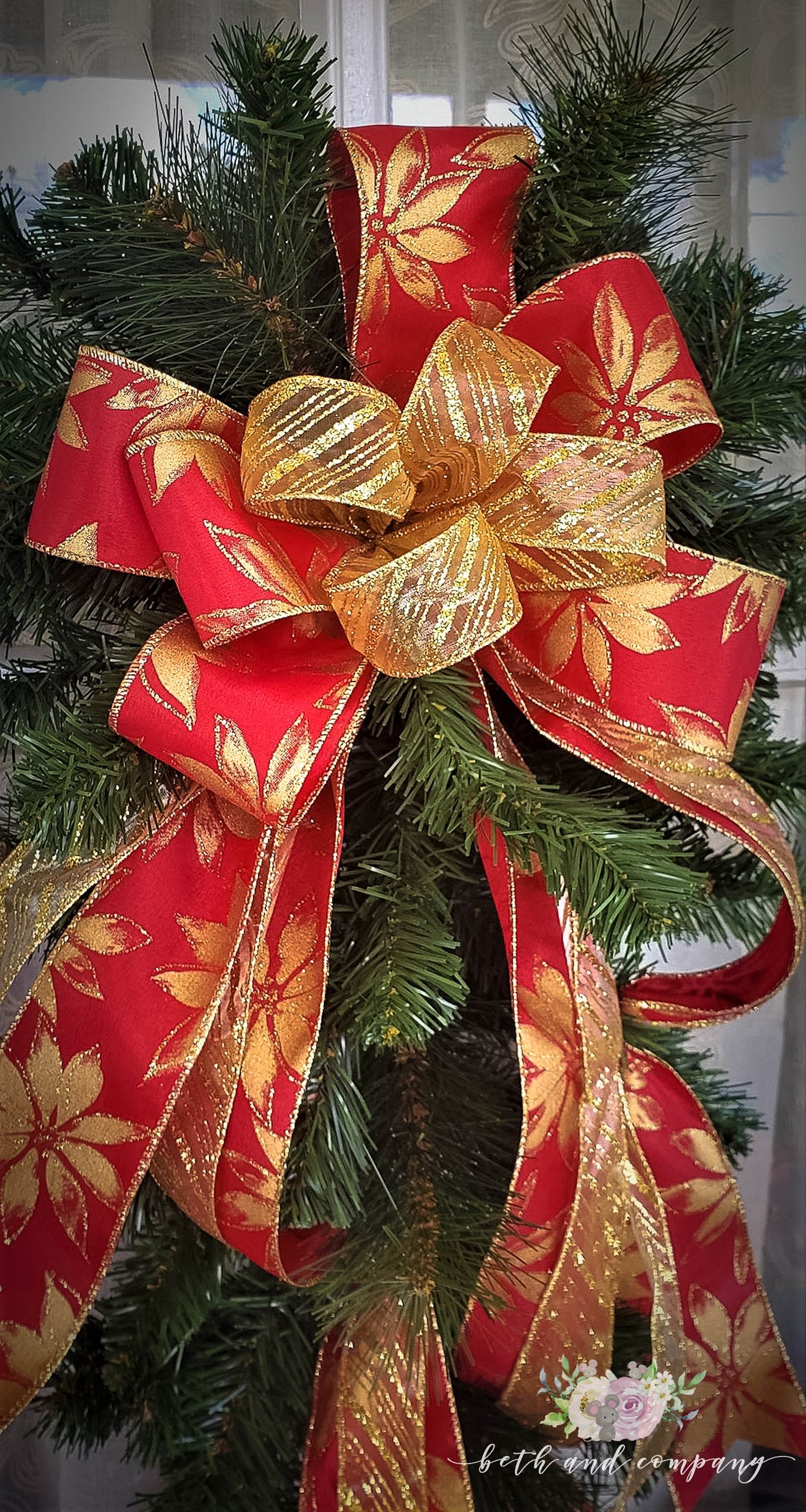 Gold Poinsettia and Red Swag Bow, Elegant Christmas Swag Bow