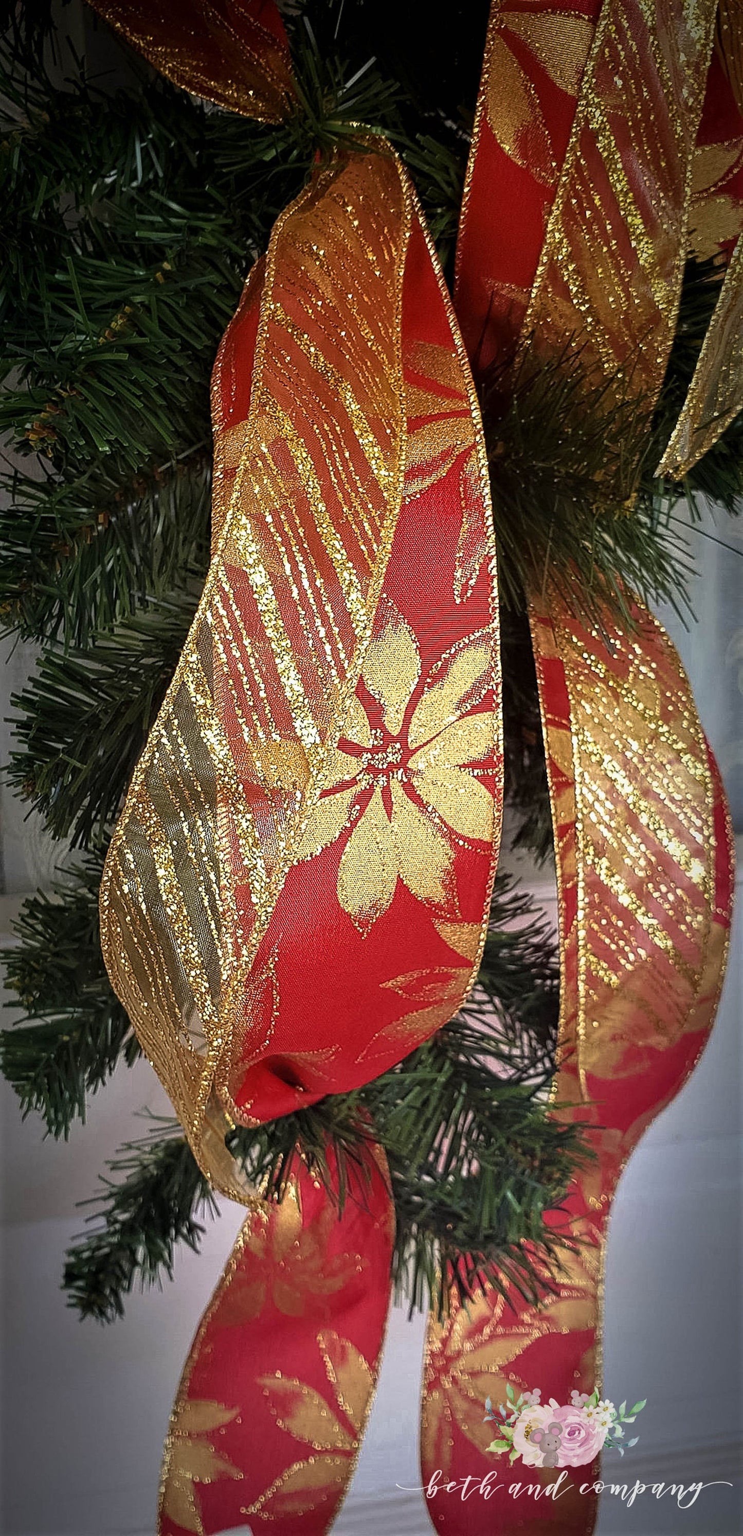 Gold Poinsettia and Red Swag Bow, Elegant Christmas Swag Bow