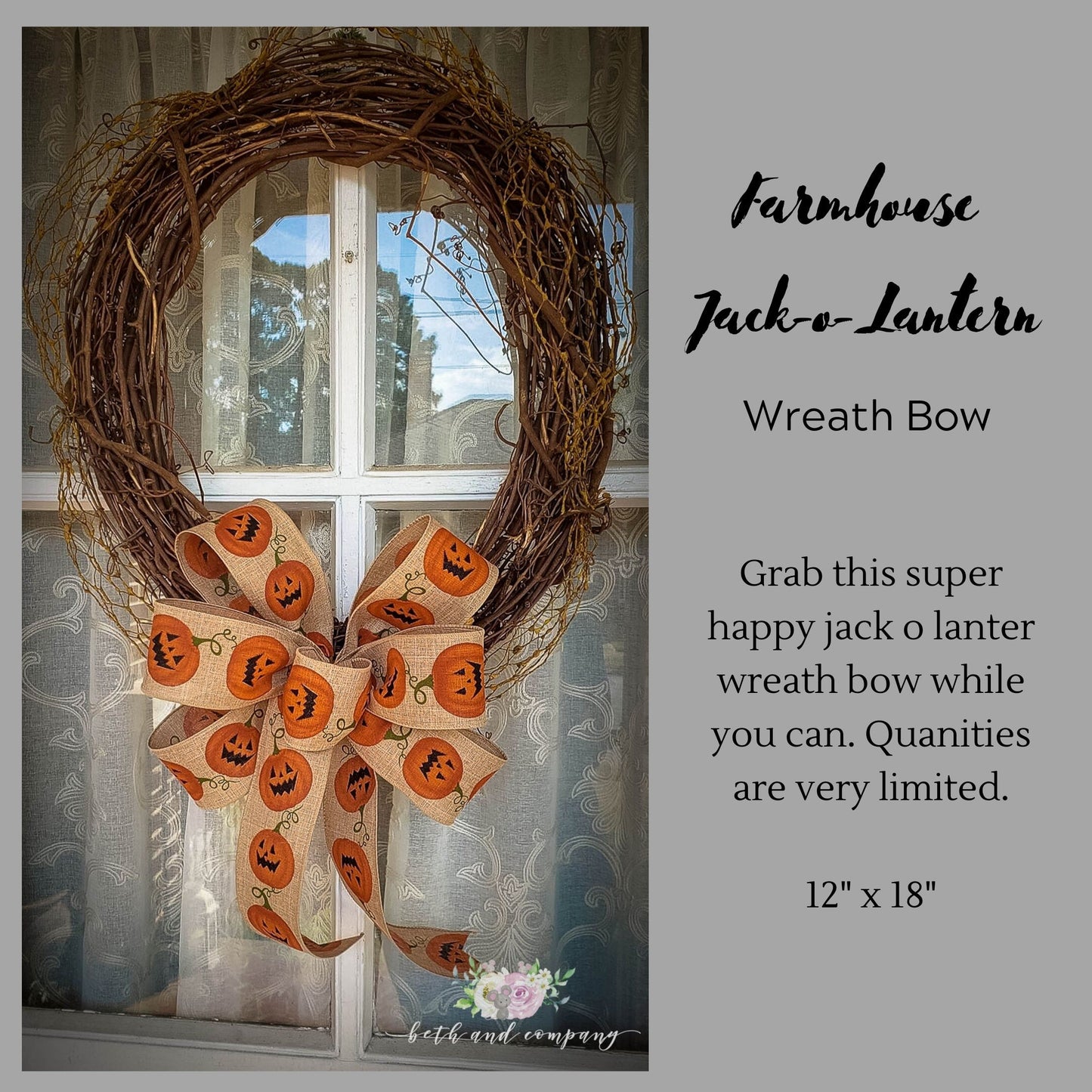 Farmhouse Jack-o-Lantern Wreath Bow,Fall Mailbox Bow, 2.5" width ribbon