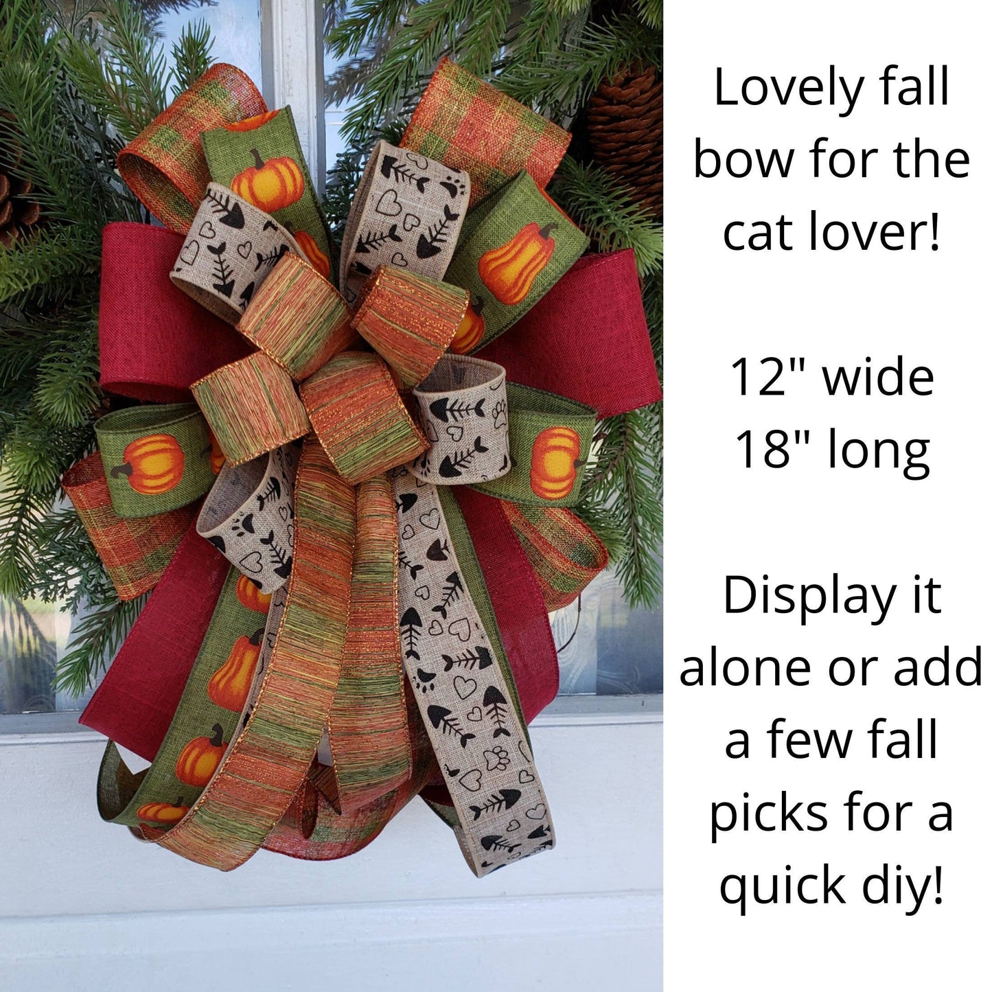 Fall Wreath Bow with Cat paw & fish bone ribbon, Fall Decor