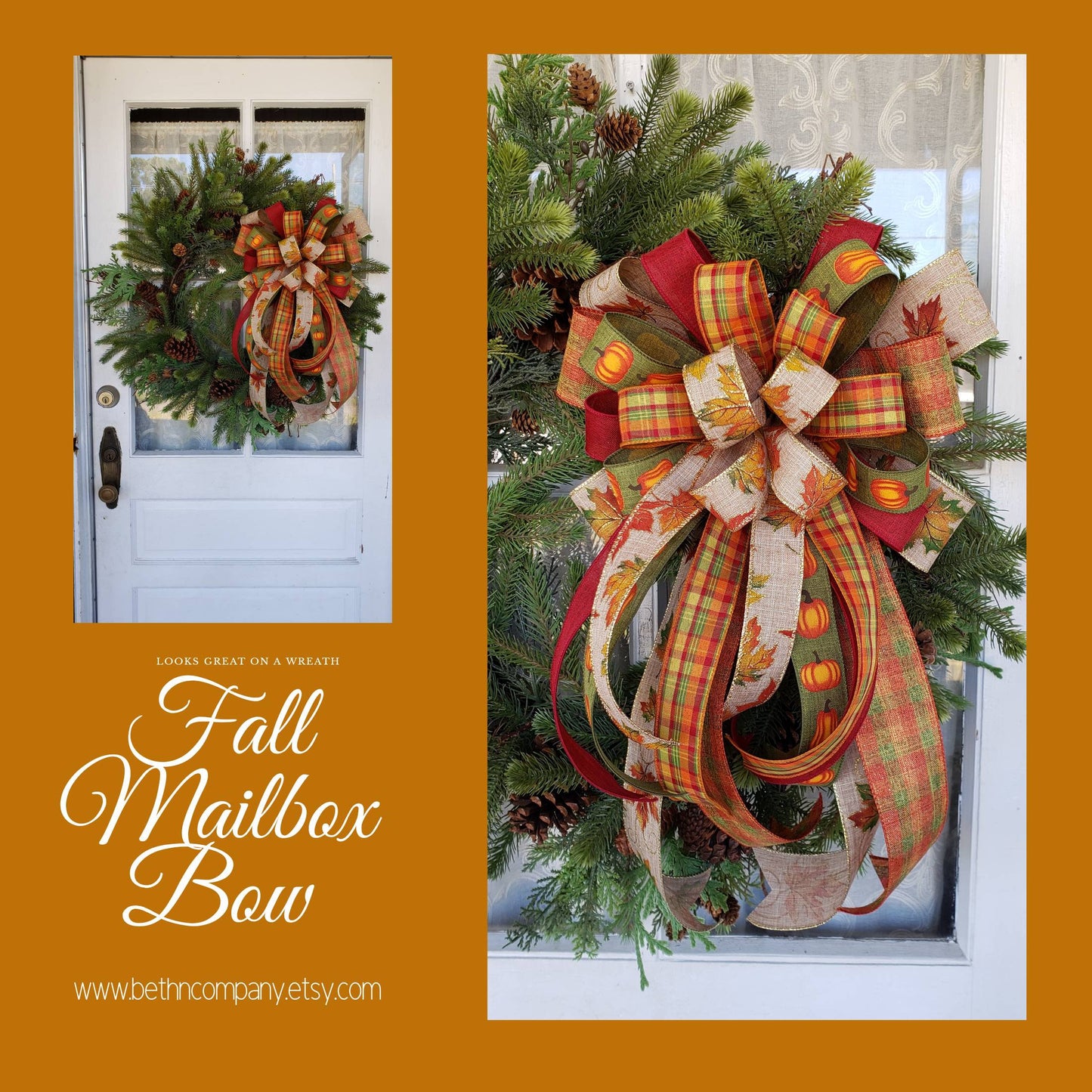 Large Fall Wreath or Mailbox Bow, Fall Mixed Ribbon Bow