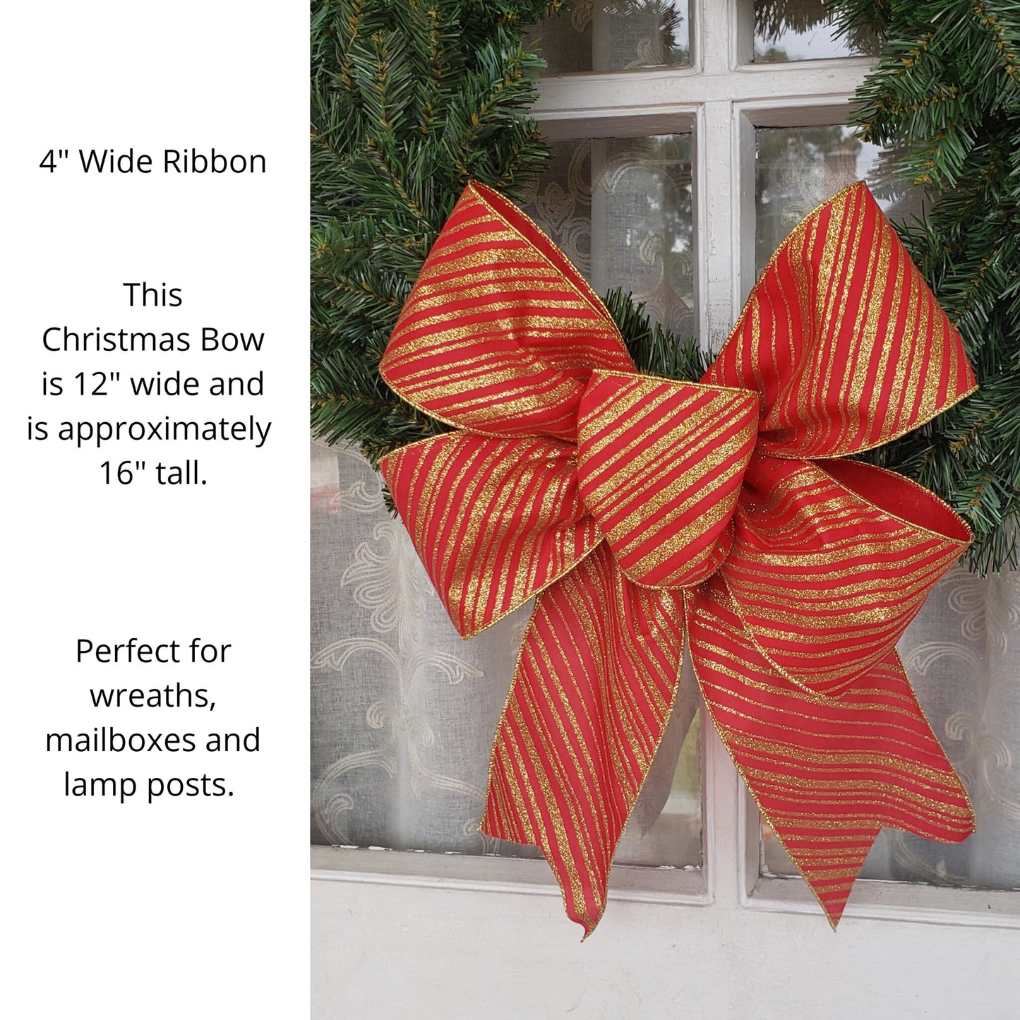Christmas Bow, 4 Inch Wide Red and Gold Glitter Stripe Christmas Bow