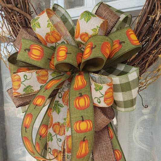 Pumpkin and Moss green plaid fall bow, Fall Wedding Decor