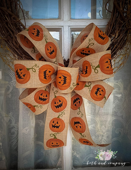 Farmhouse Jack-o-Lantern Wreath Bow,Fall Mailbox Bow, 2.5" width ribbon