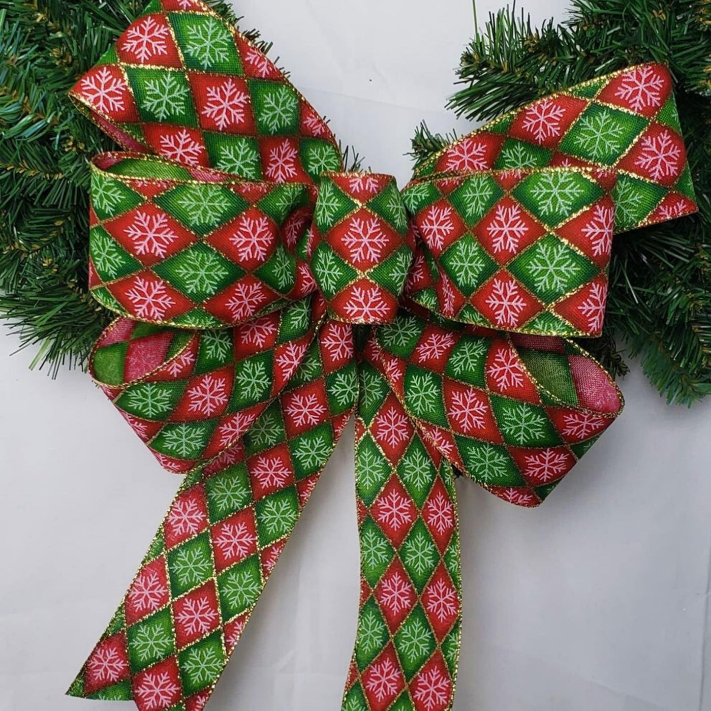 Red and Green Harlequin Snowflake Christmas Bow