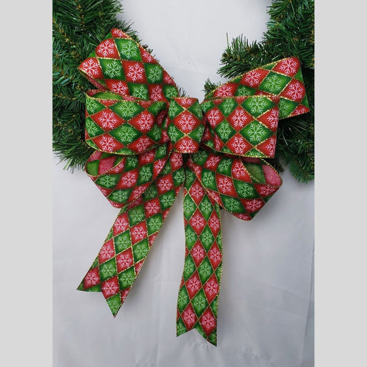 Red and Green Harlequin Snowflake Christmas Bow