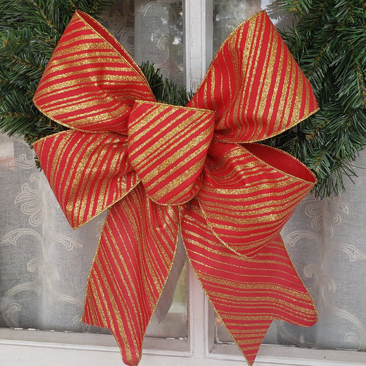 Christmas Bow, 4 Inch Wide Red and Gold Glitter Stripe Christmas Bow