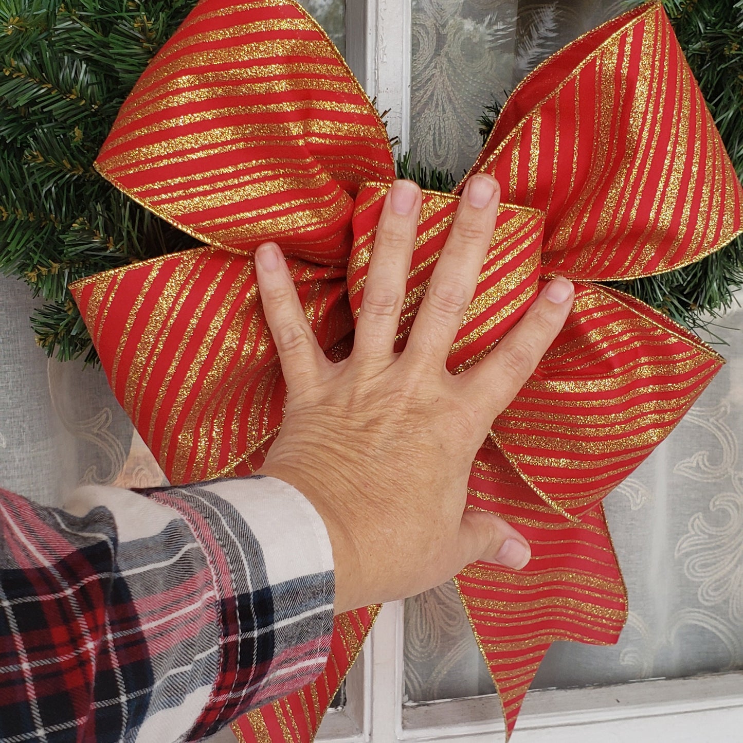 Christmas Bow, 4 Inch Wide Red and Gold Glitter Stripe Christmas Bow