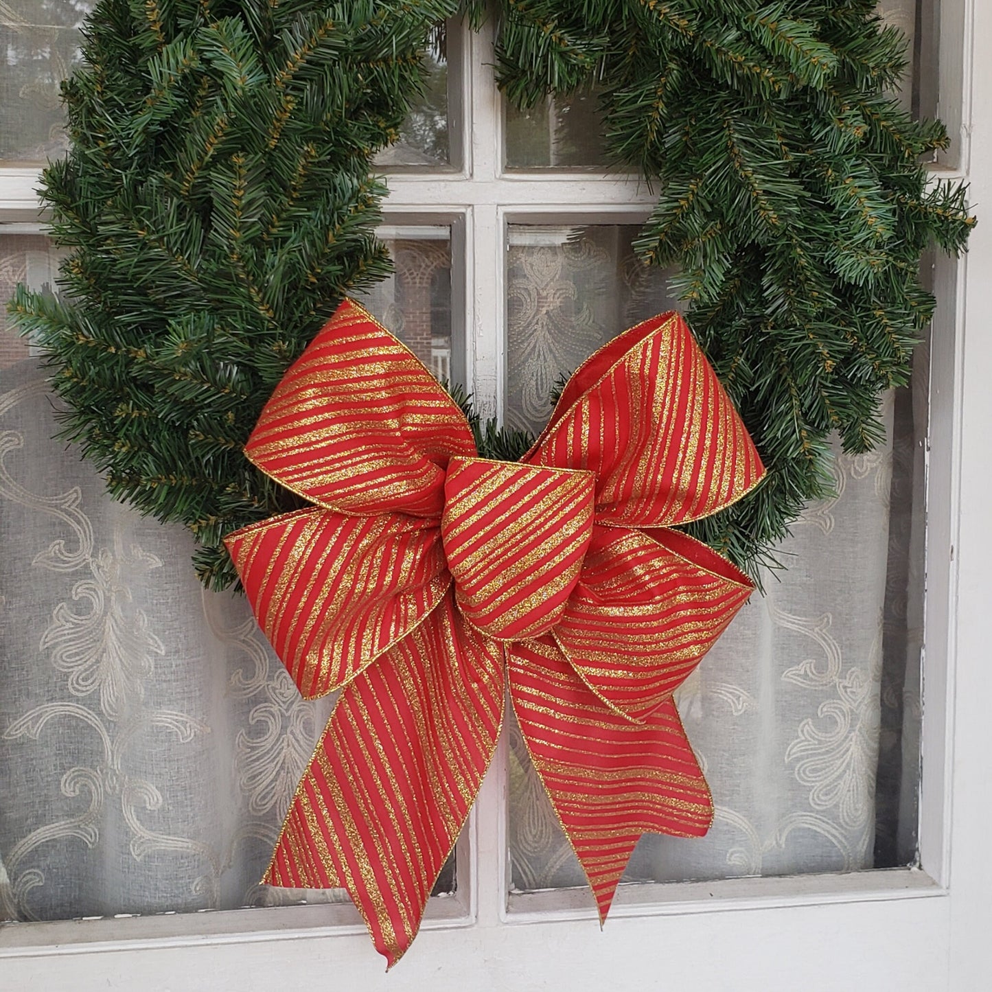 Christmas Bow, 4 Inch Wide Red and Gold Glitter Stripe Christmas Bow
