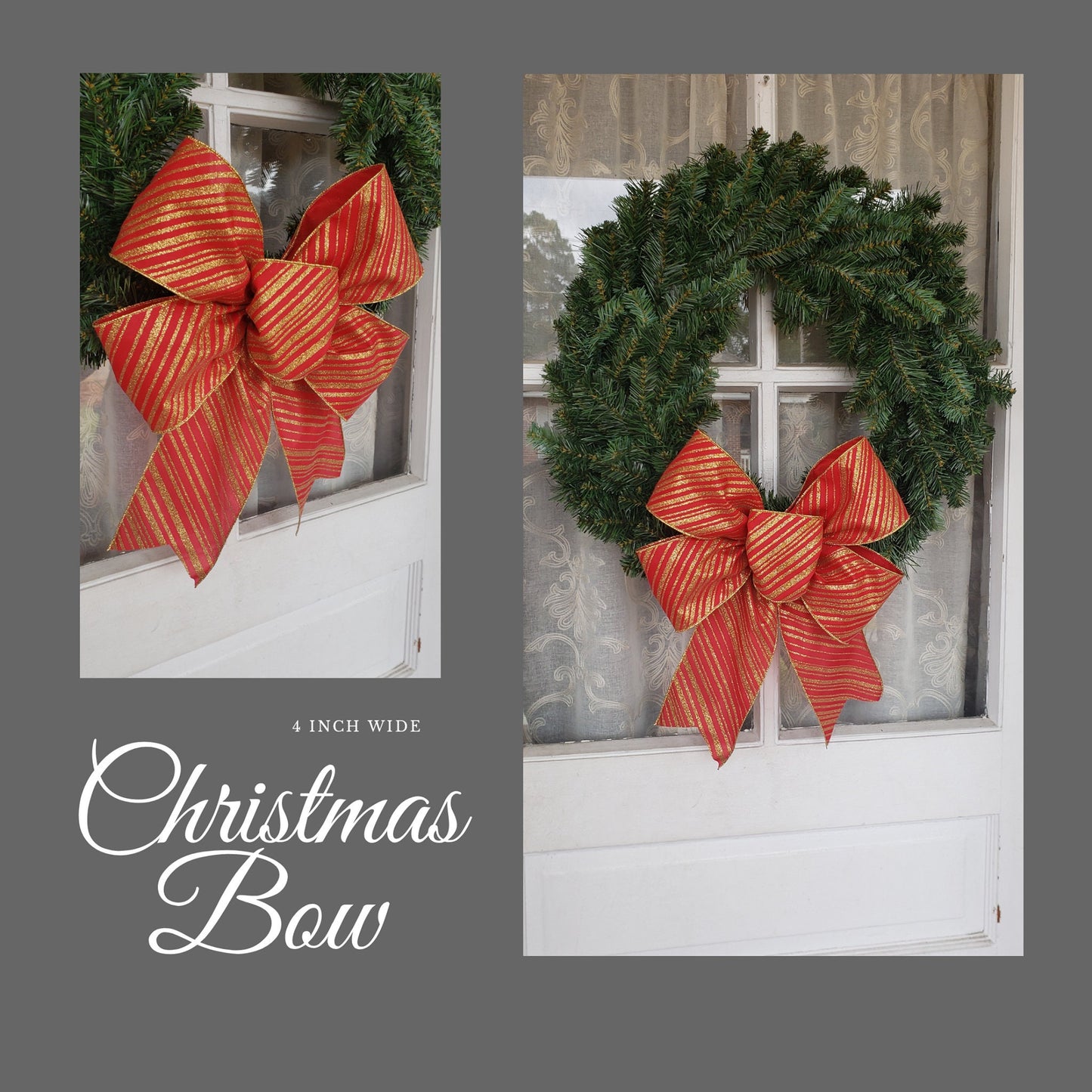 Christmas Bow, 4 Inch Wide Red and Gold Glitter Stripe Christmas Bow