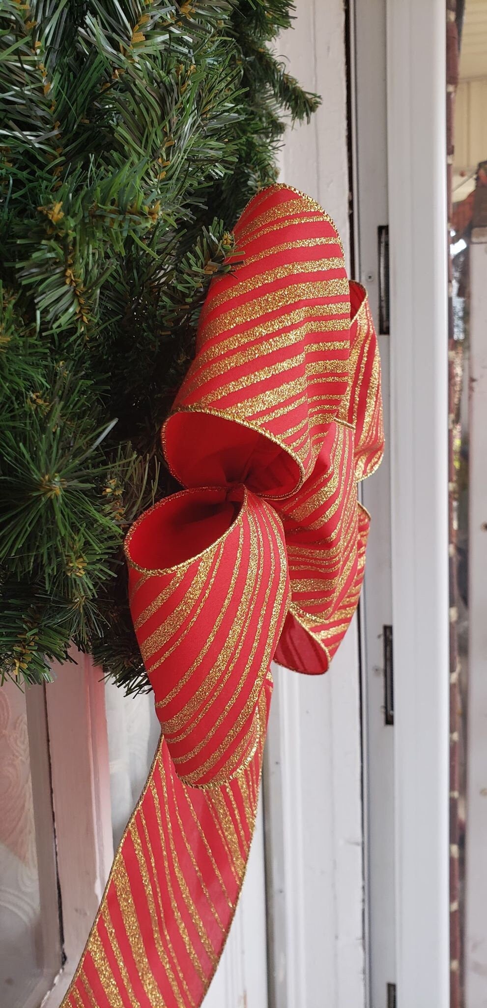 Christmas Bow, 4 Inch Wide Red and Gold Glitter Stripe Christmas Bow