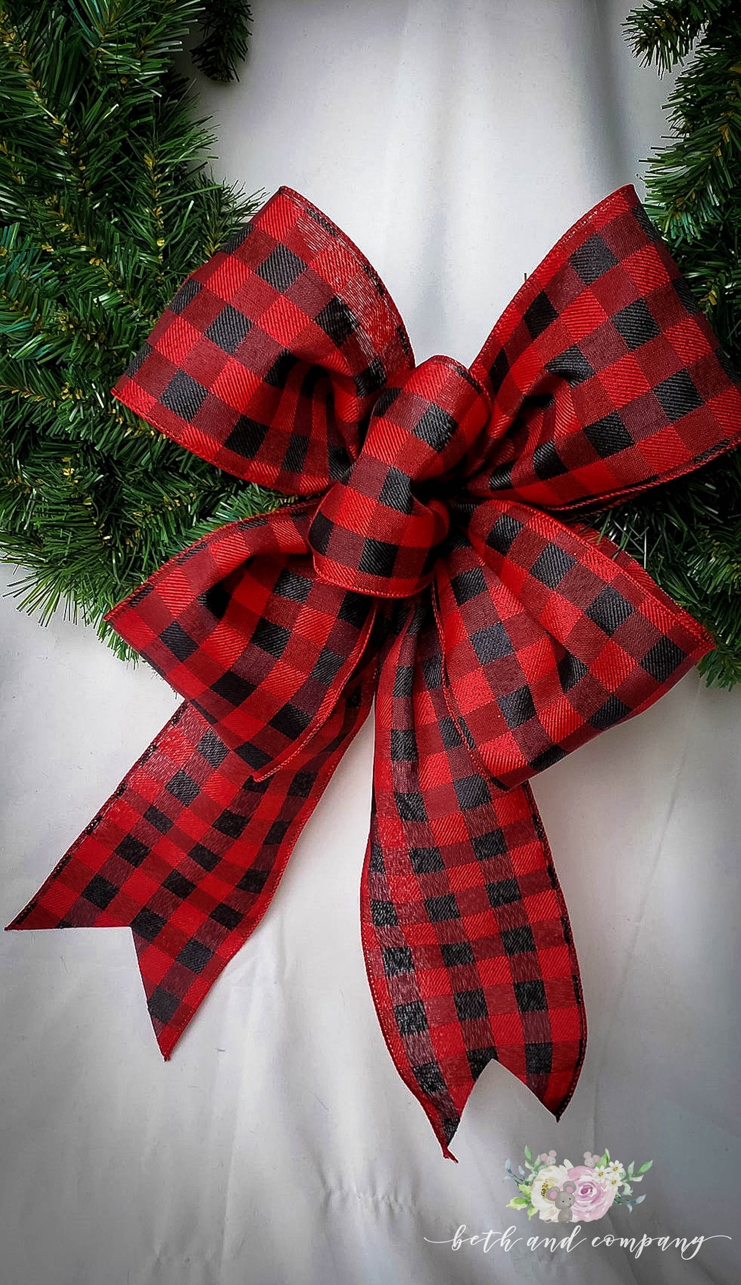 Red and Black Buffalo Plaid Wreath Bow / 4 Inch wide wired ribbon