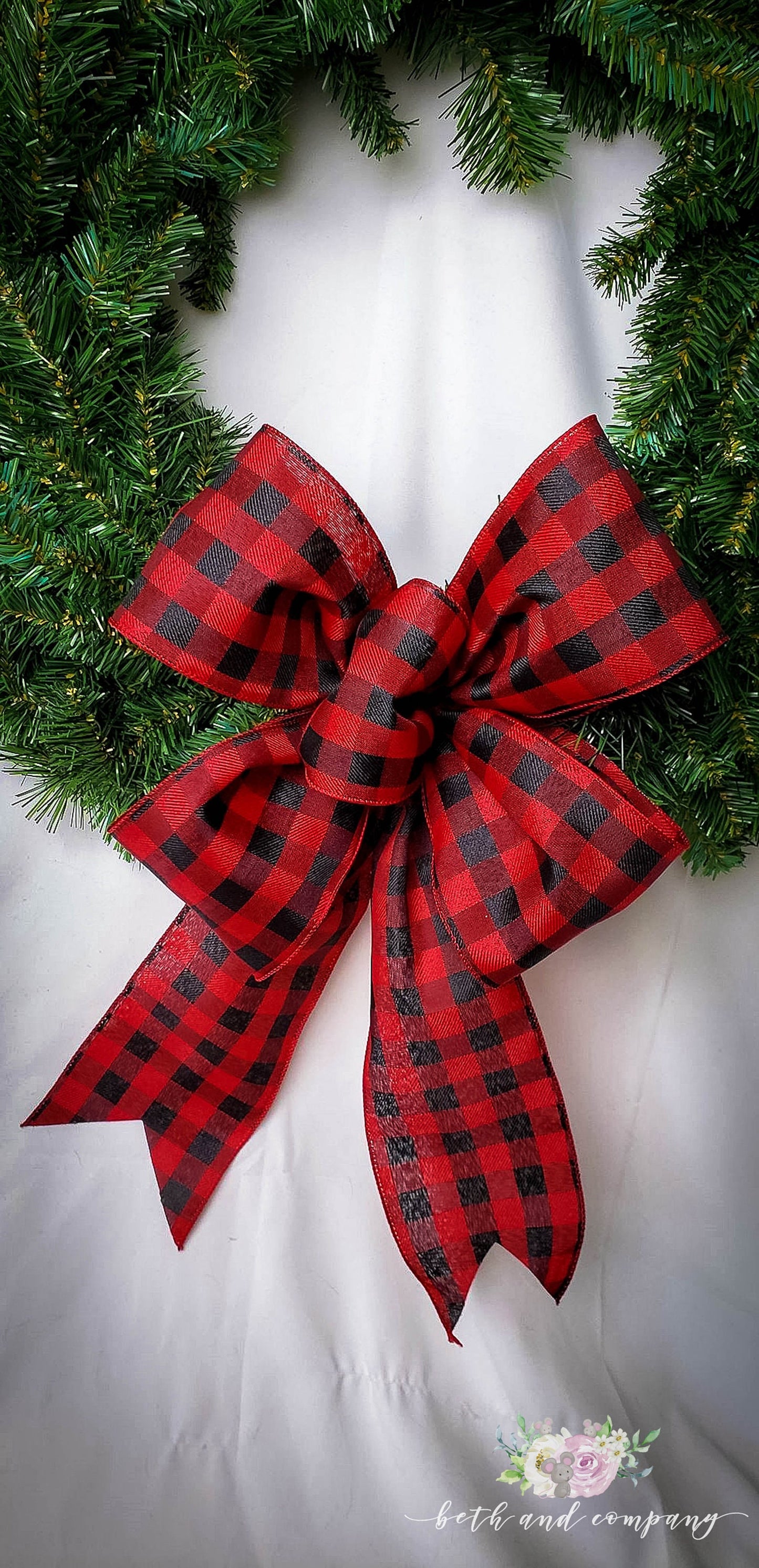 Red and Black Buffalo Plaid Wreath Bow / 4 Inch wide wired ribbon