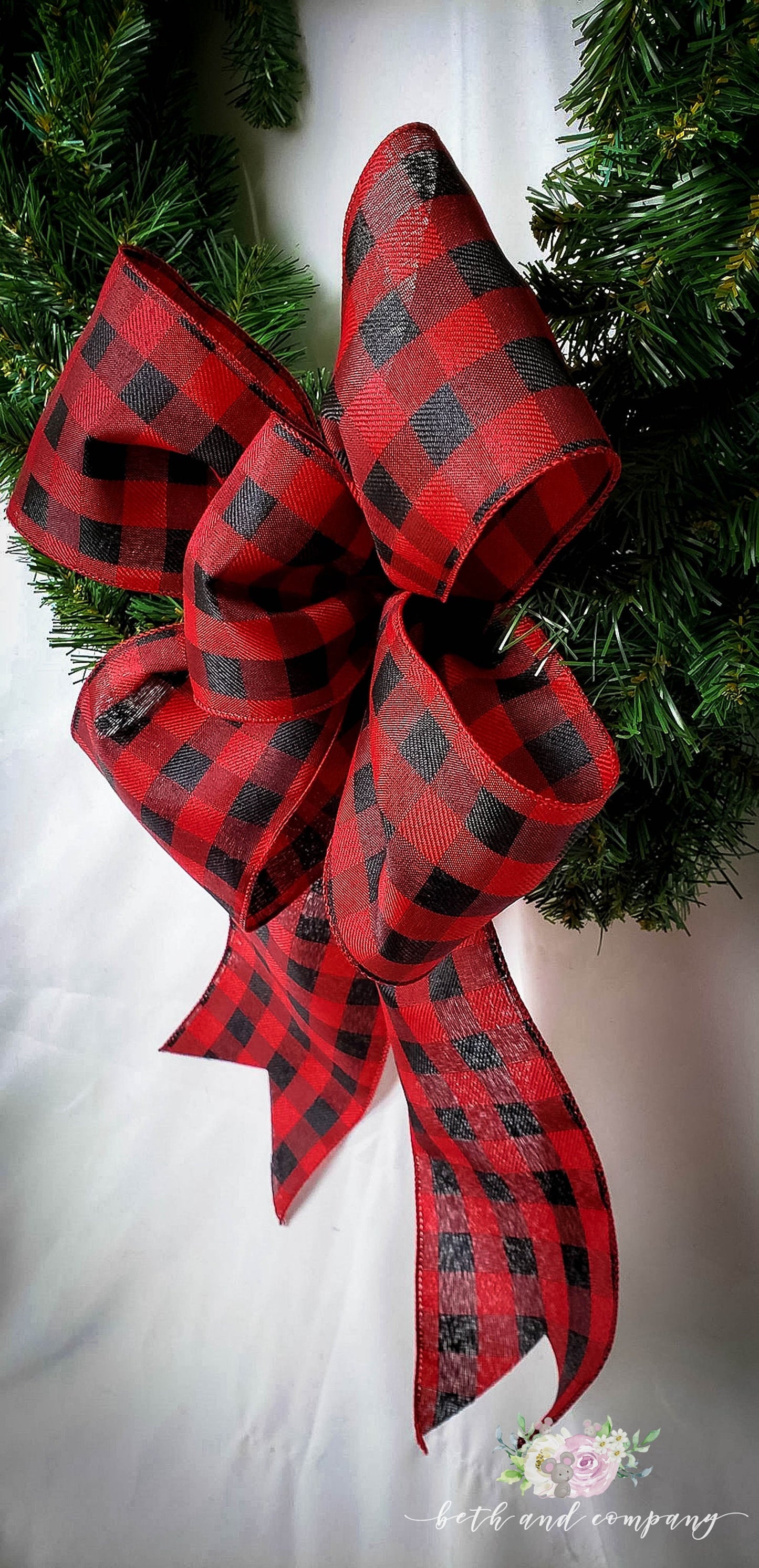 Red and Black Buffalo Plaid Wreath Bow / 4 Inch wide wired ribbon