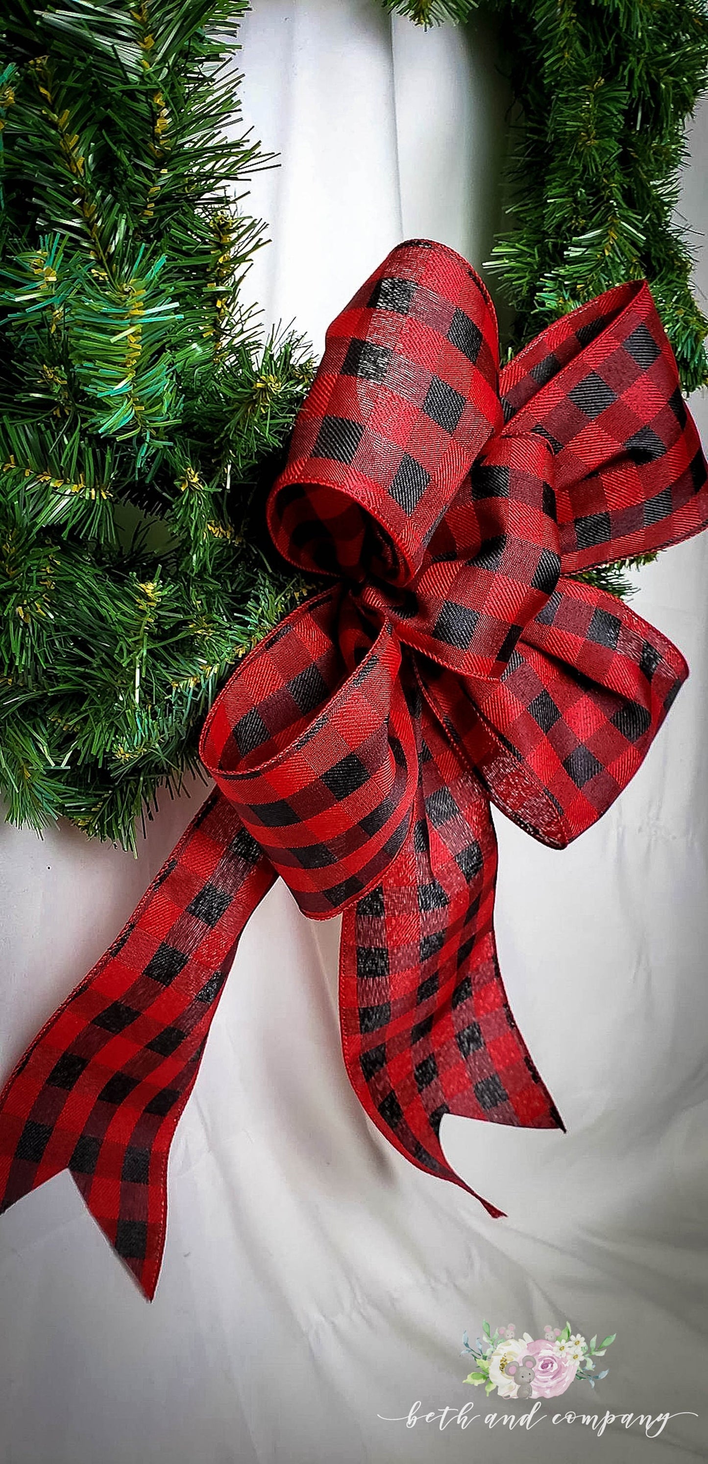 Red and Black Buffalo Plaid Wreath Bow / 4 Inch wide wired ribbon