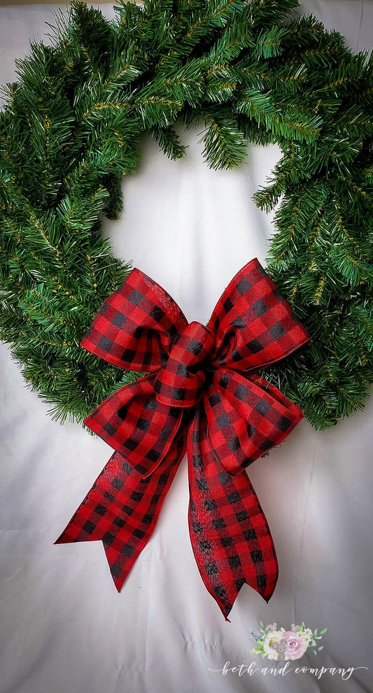 Red and Black Buffalo Plaid Wreath Bow / 4 Inch wide wired ribbon