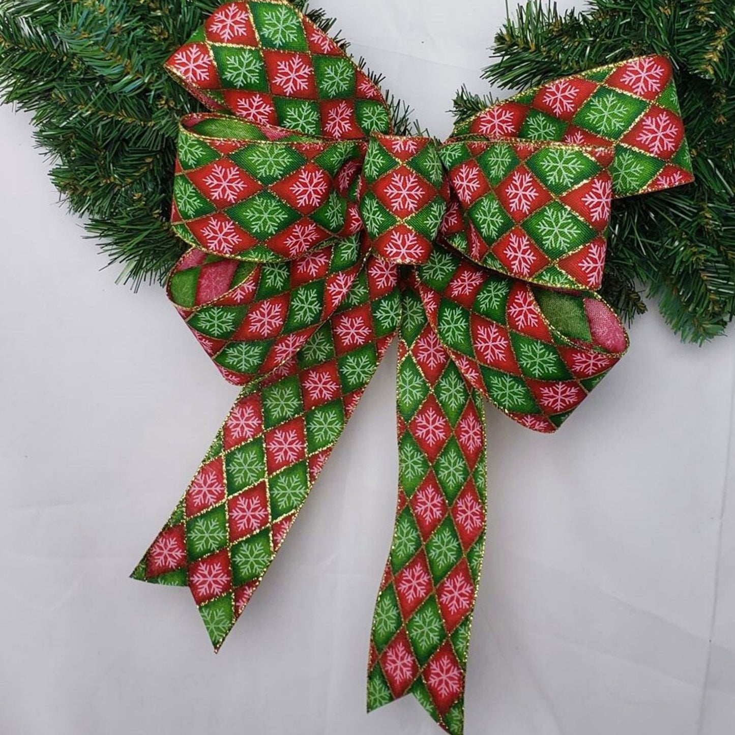 Red and Green Harlequin Snowflake Christmas Bow