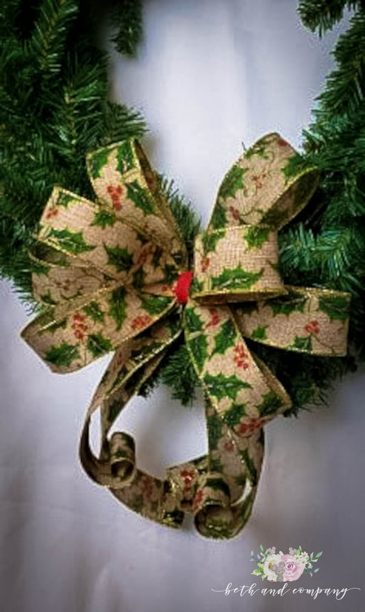 Christmas Holly & Berries Bow, Christmas Wreath Bow