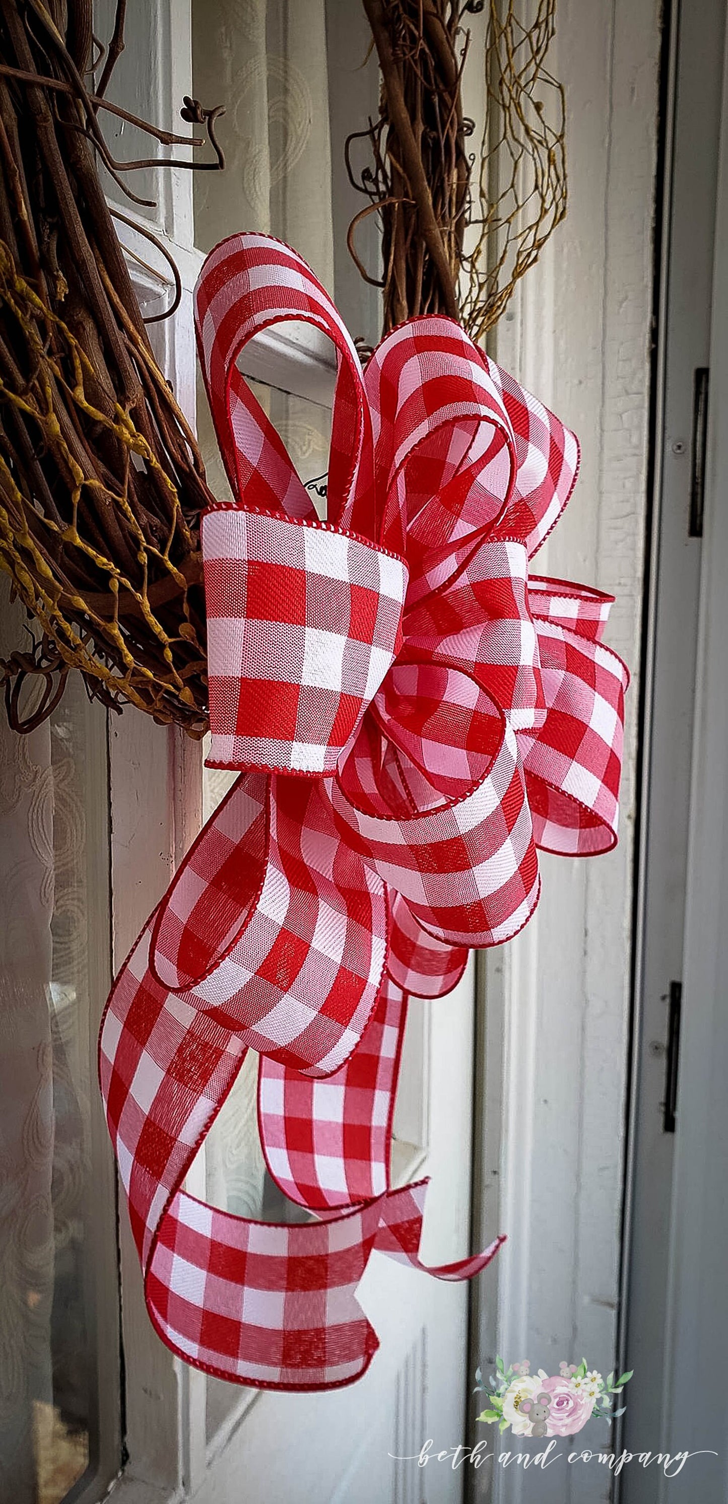 Red and White Buffalo Plaid Valentine Wreath Bow, Thin Profile Bow, Valentine Bows