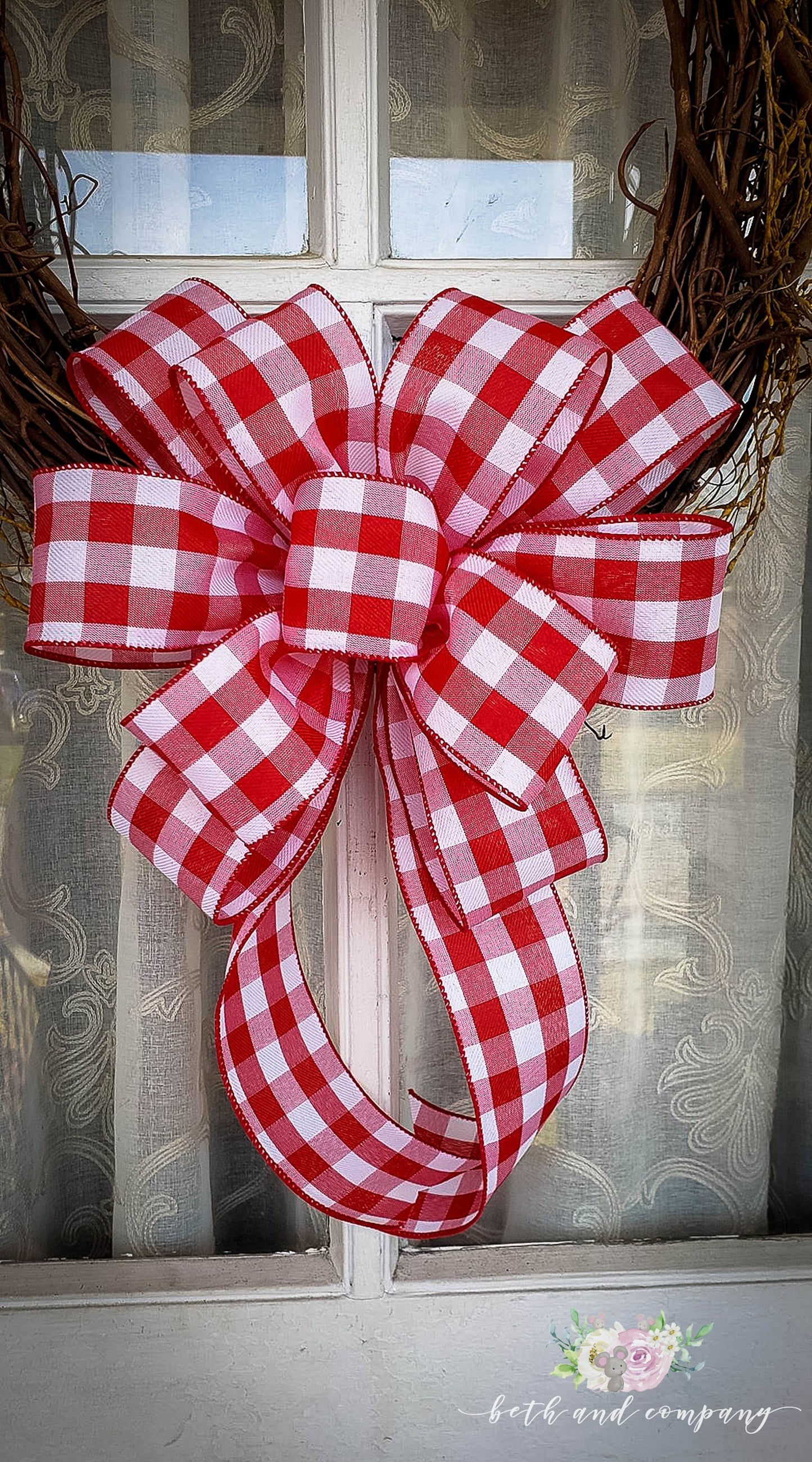 Red and White Buffalo Plaid Valentine Wreath Bow, Thin Profile Bow, Valentine Bows