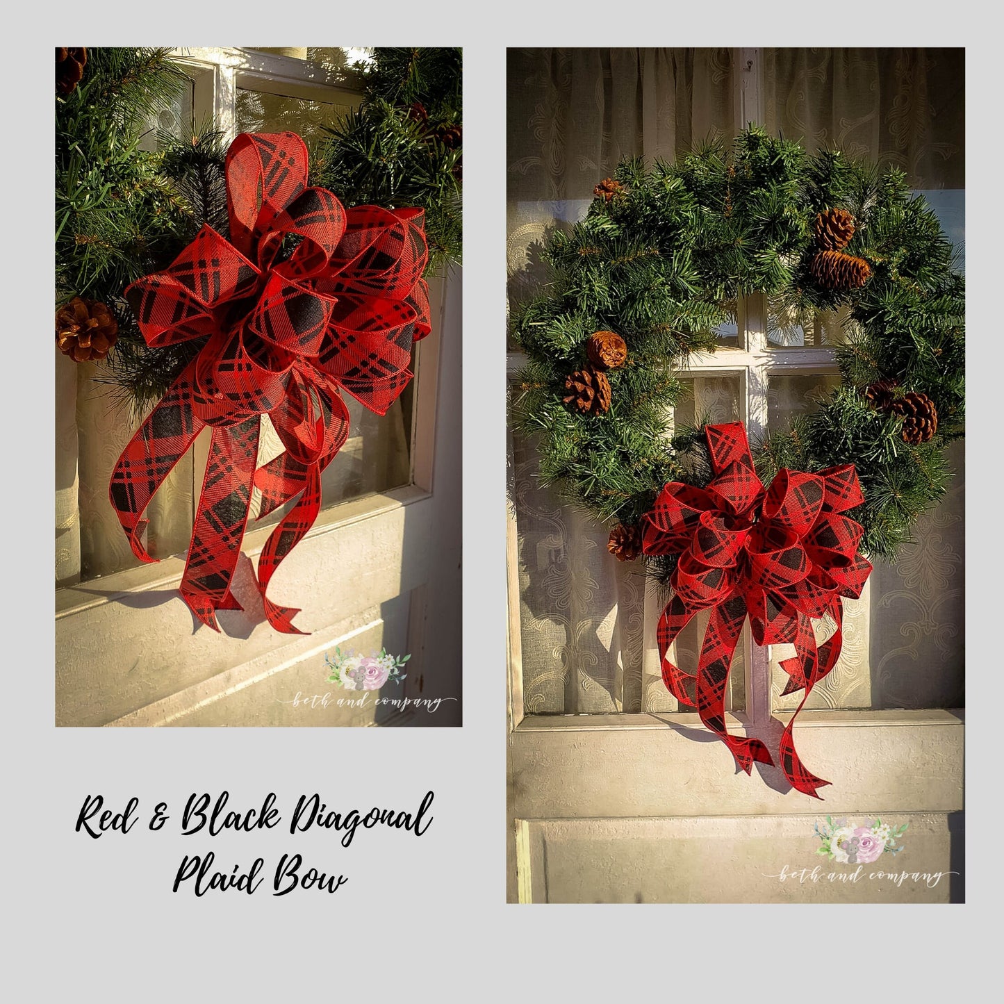 Red and Black Diagonal Plaid Wreath Bow, Farmhouse Christmas Wreath Bow