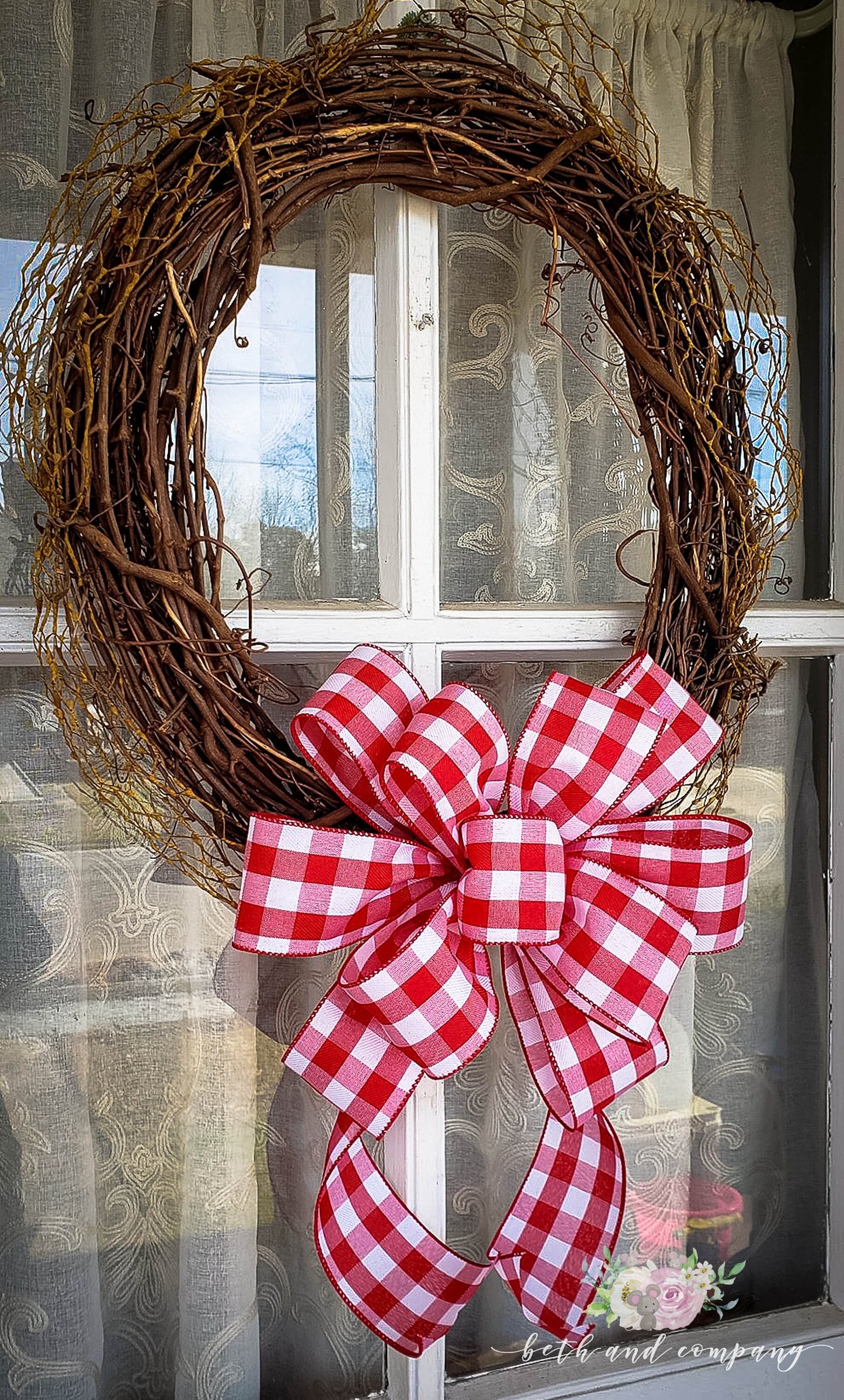 Red and White Buffalo Plaid Valentine Wreath Bow, Thin Profile Bow, Valentine Bows