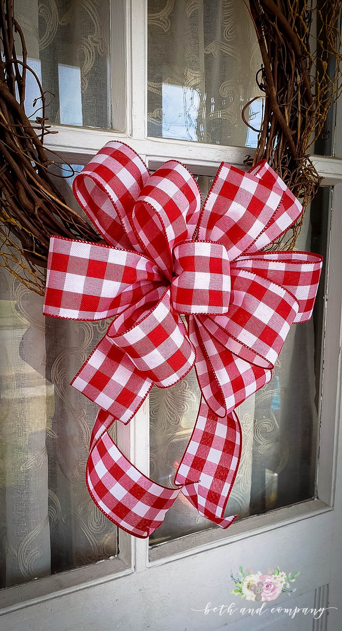 Red and White Buffalo Plaid Valentine Wreath Bow, Thin Profile Bow, Valentine Bows