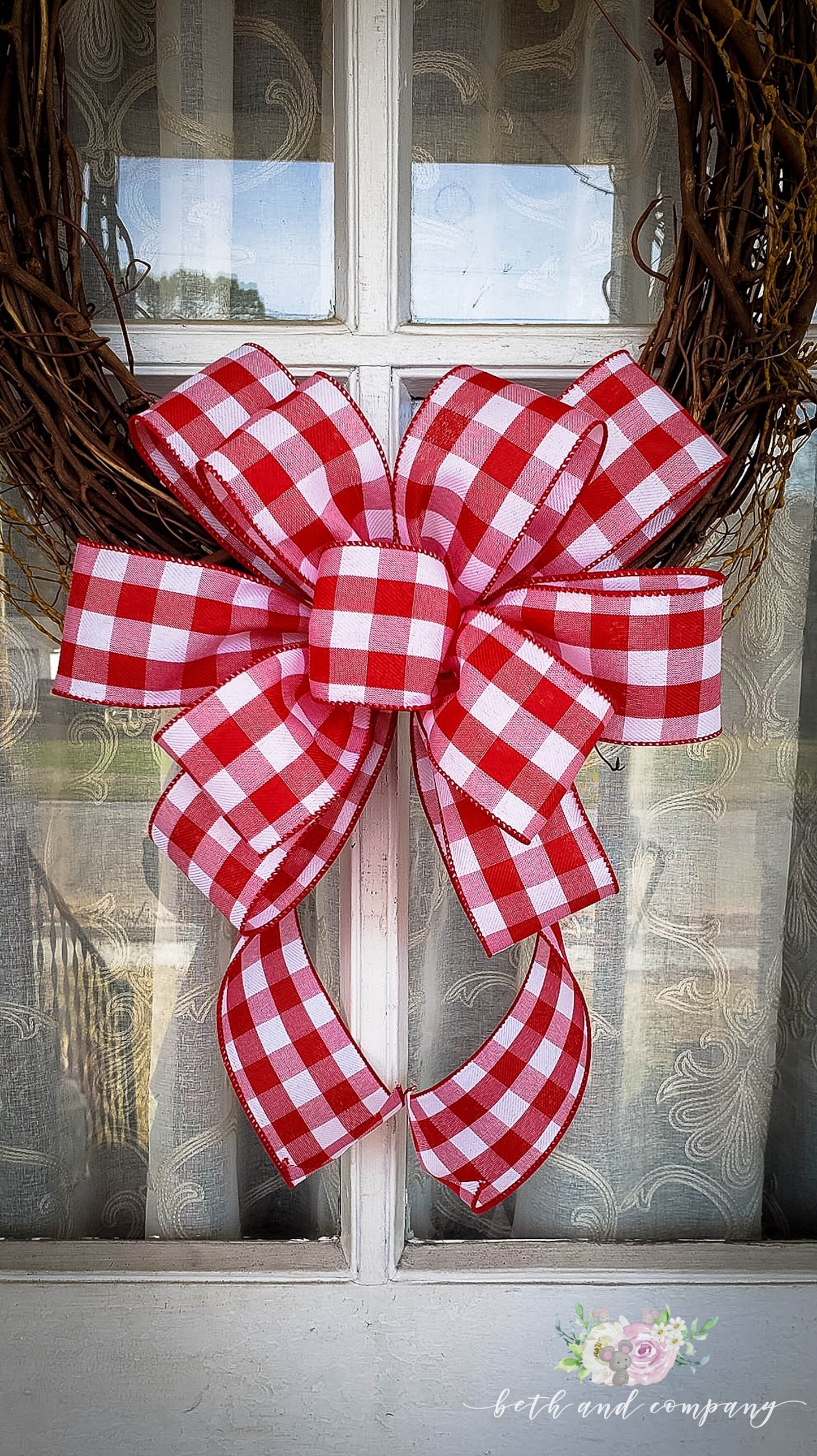 Red and White Buffalo Plaid Valentine Wreath Bow, Thin Profile Bow, Valentine Bows