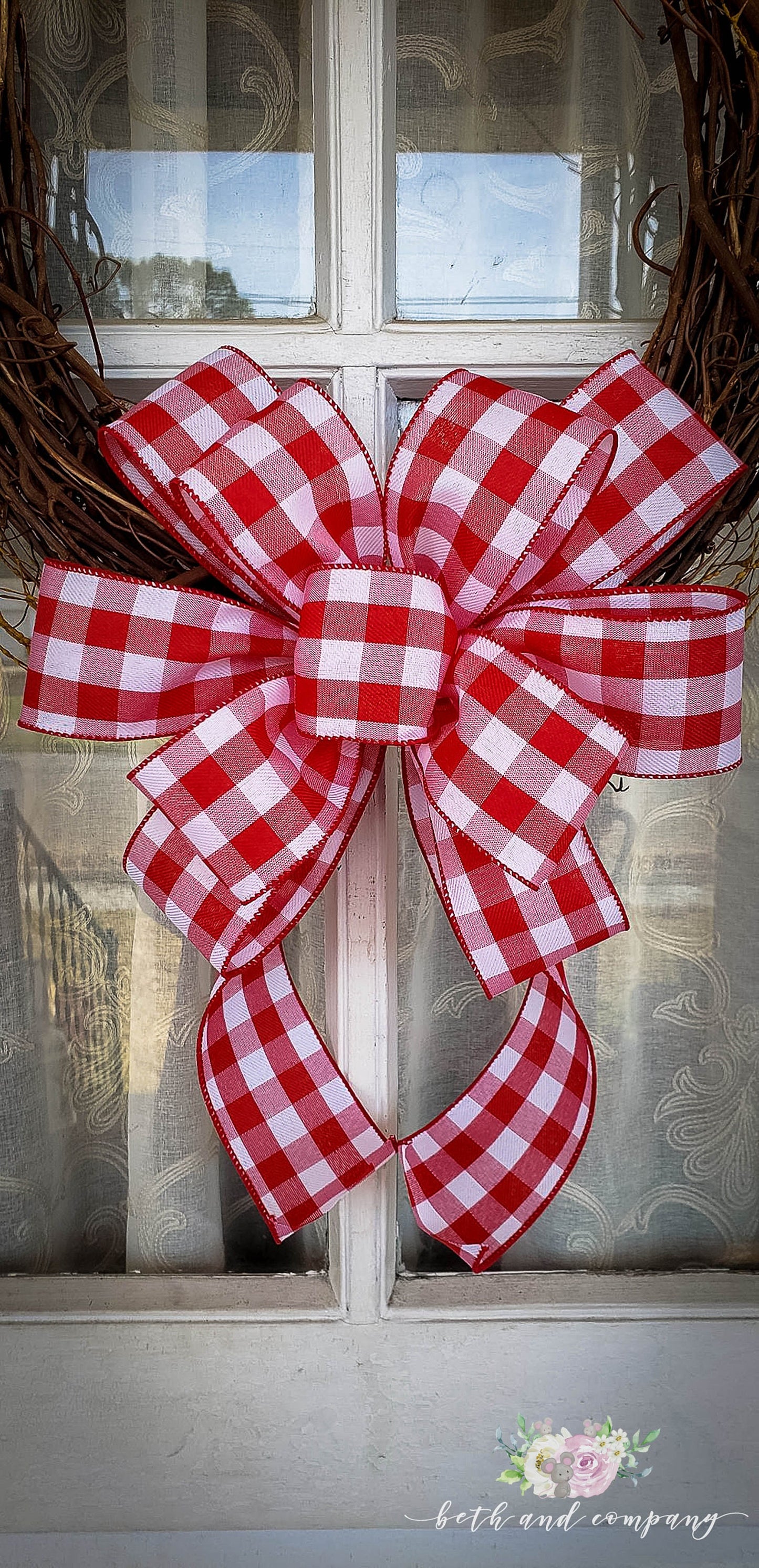 Red and White Buffalo Plaid Valentine Wreath Bow, Thin Profile Bow, Valentine Bows