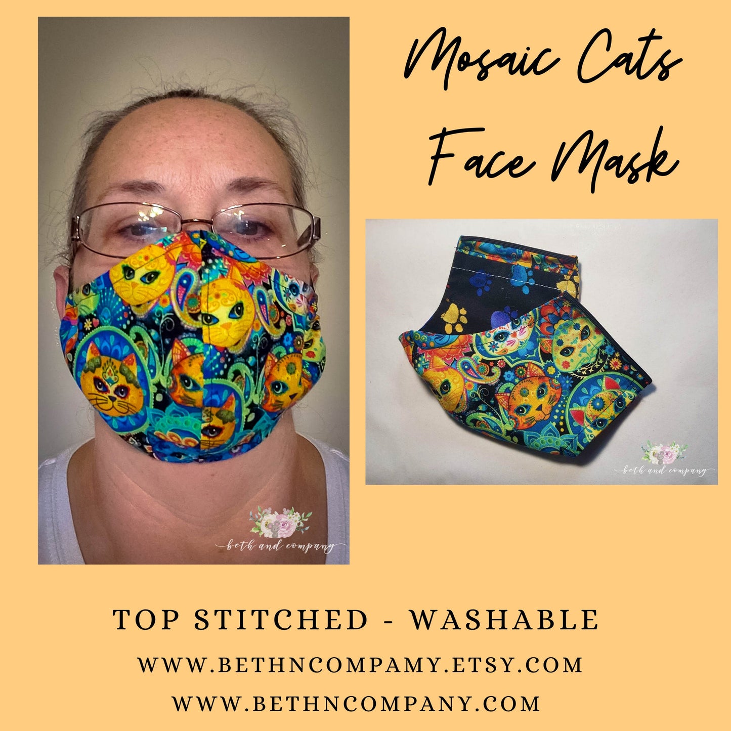 Mosaic Cats Fabric Face Mask with filter pocket