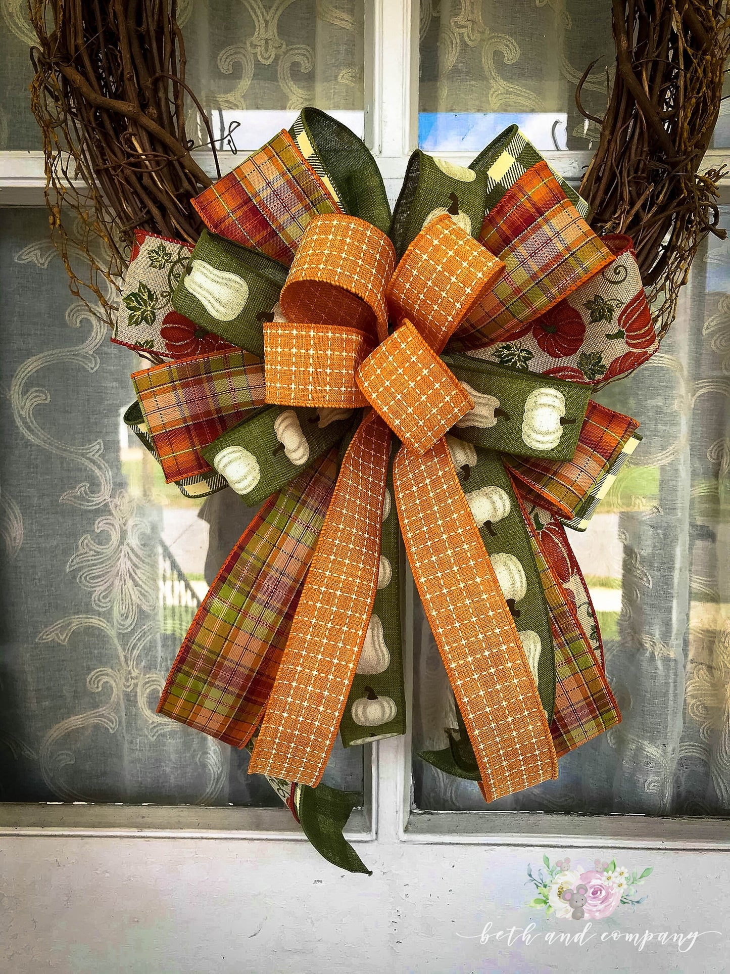 Fall Bow, Orange and White Pumpkin Wreath Bow, Fall Farmhouse Bow, Fall Wedding Decor