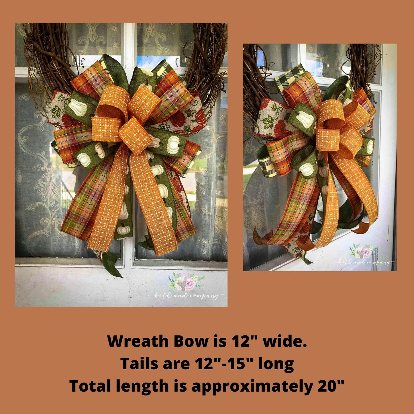 Fall Bow, Orange and White Pumpkin Wreath Bow, Fall Farmhouse Bow, Fall Wedding Decor