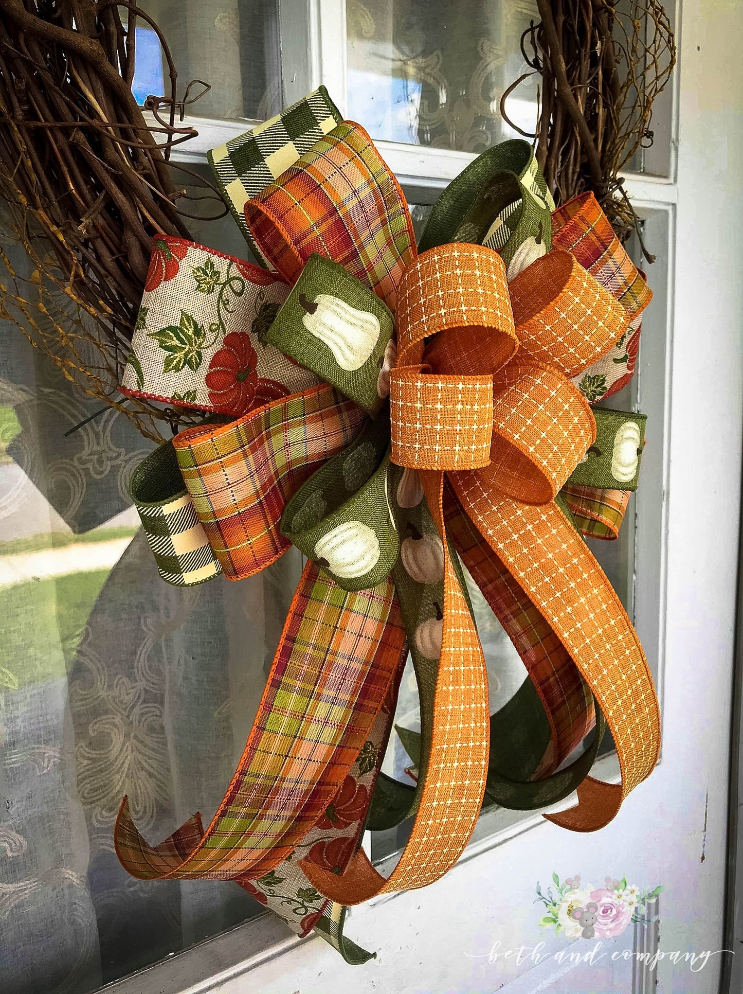 Fall Bow, Orange and White Pumpkin Wreath Bow, Fall Farmhouse Bow, Fall Wedding Decor