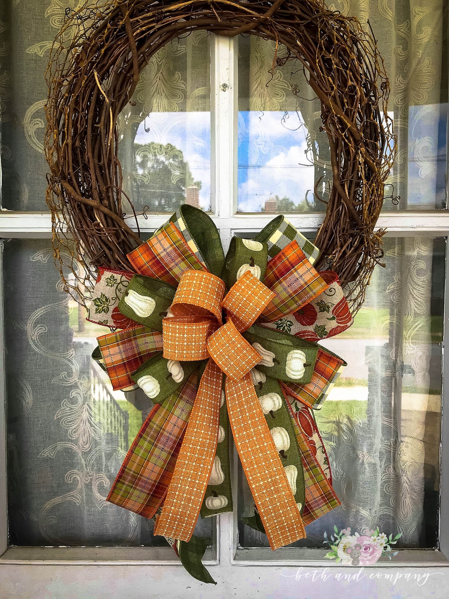 Fall Bow, Orange and White Pumpkin Wreath Bow, Fall Farmhouse Bow, Fall Wedding Decor