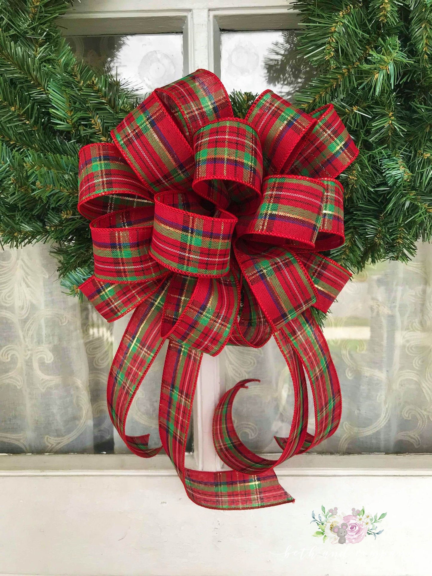 Traditional Christmas Plaid 10 Inch Round wreath bow, Set of 4 or 6