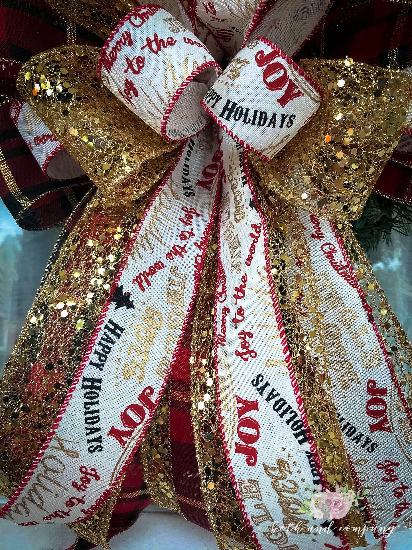 Red/Black/Gold Bling wreath bow, Santas Bling, Tree Topper