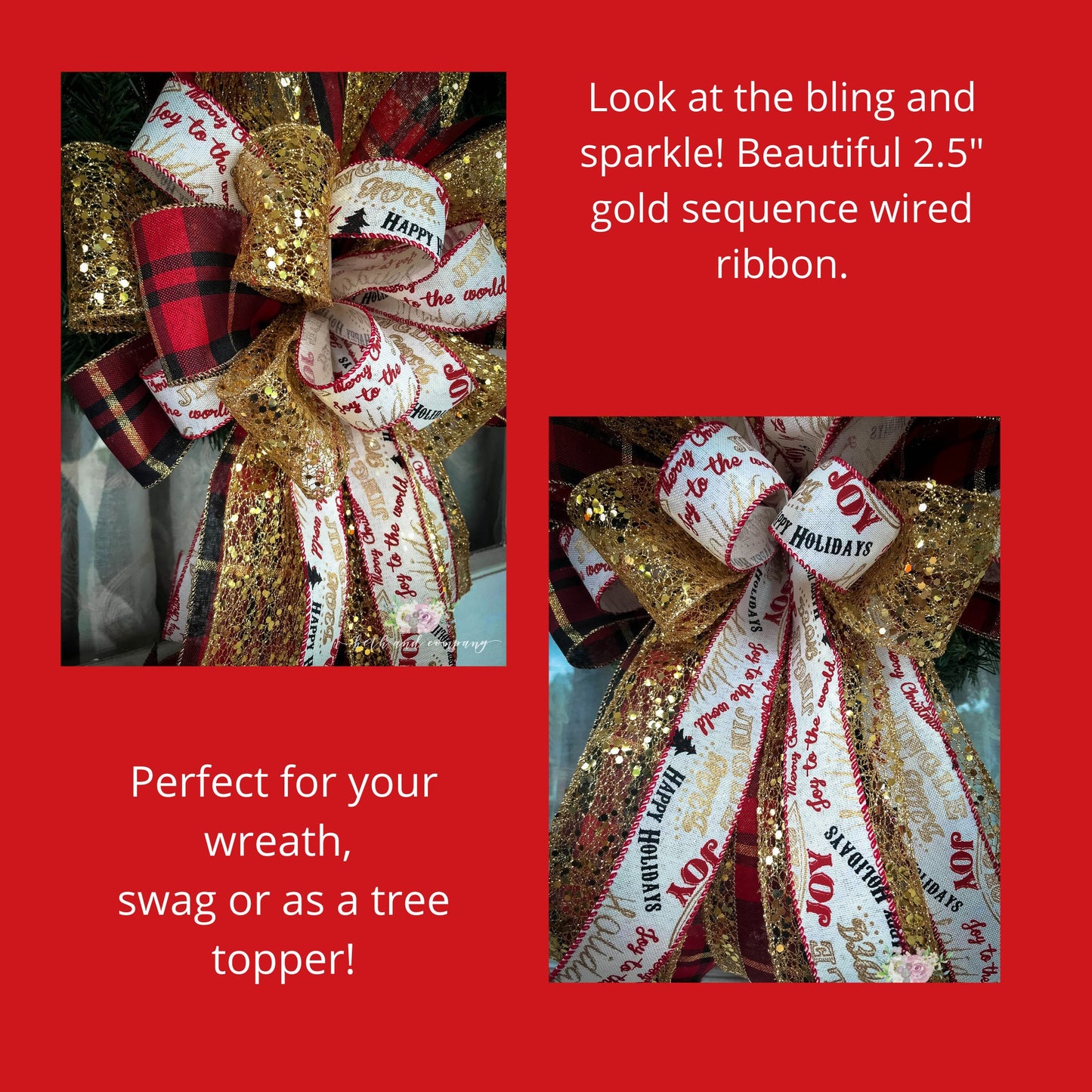 Red/Black/Gold Bling wreath bow, Santas Bling, Tree Topper