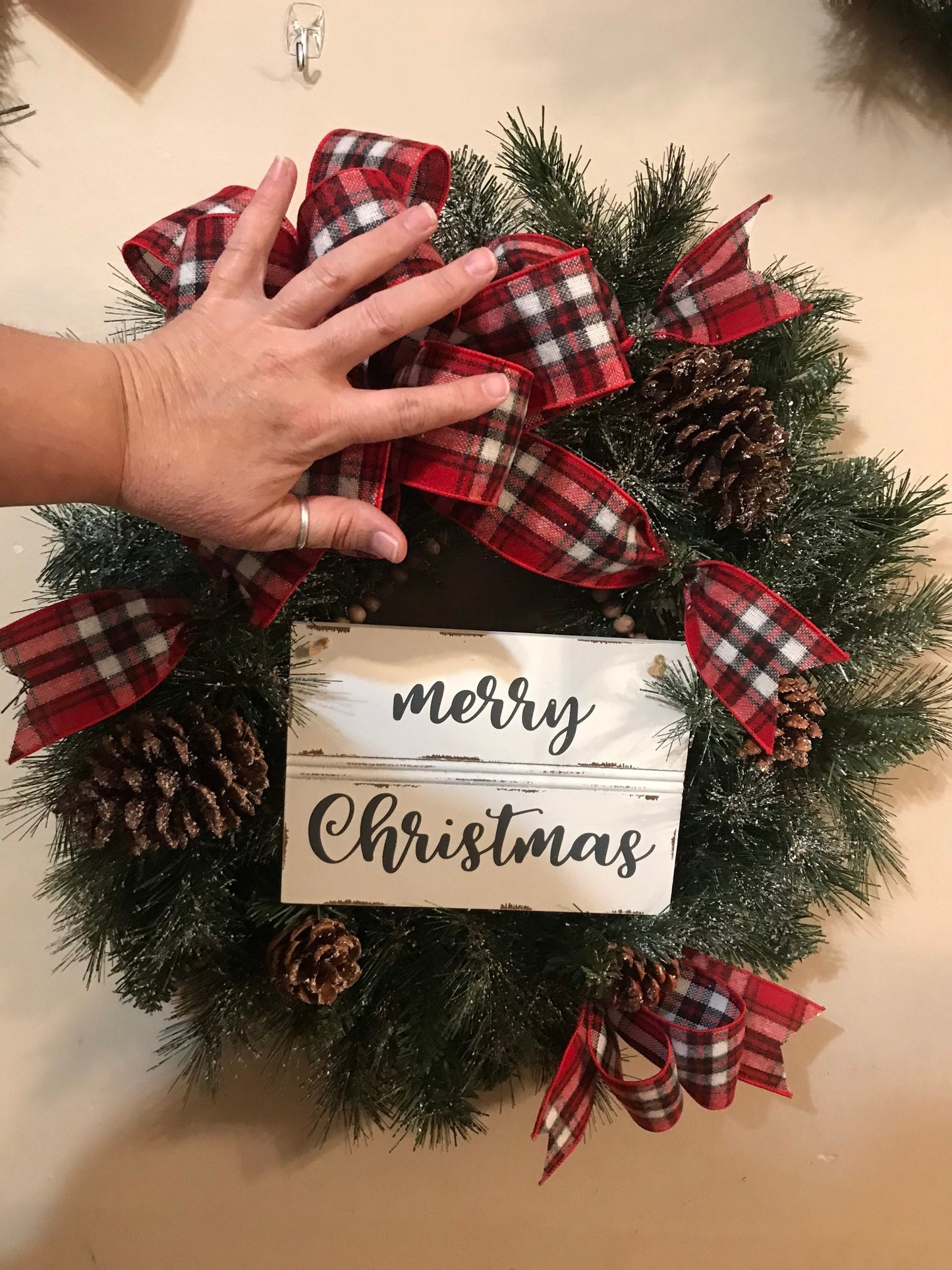 24” Frosted Evergreen Christmas Wreath with plaid bow and Merry Christmas wooden sign