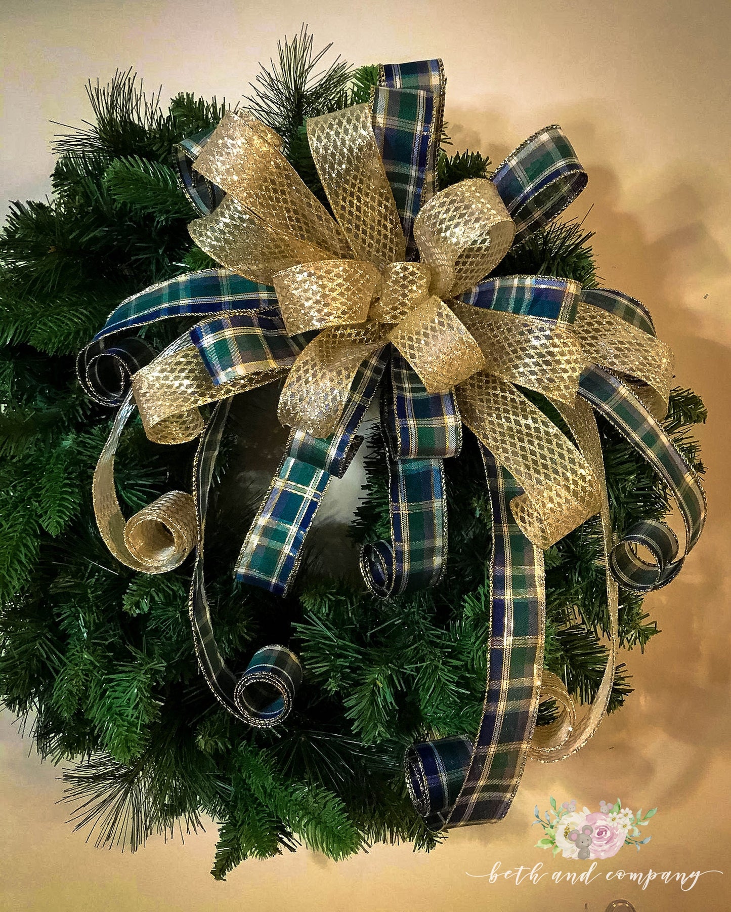 Navy Blue and Gold Glitter Christmas Wreath Bow, Navy and Gold Decoration