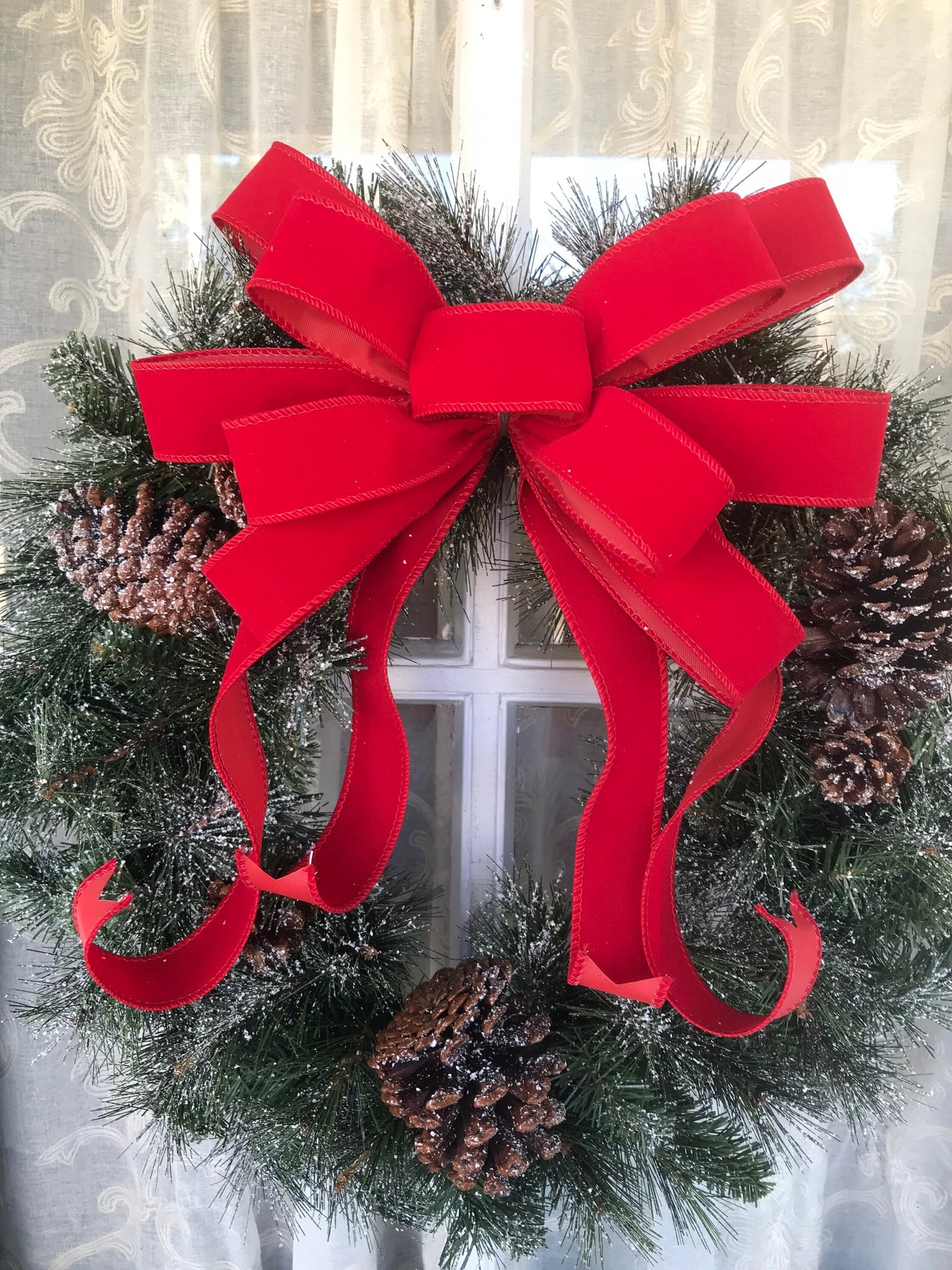 Frosted Christmas Wreath with Red Velvet Bow, 24" Flocked wreath