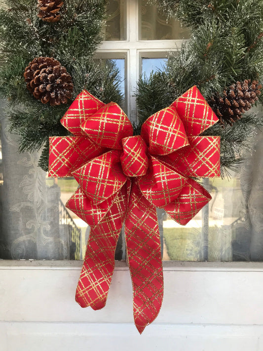 Red and Gold Christmas wreath bow for front door, FREE SHIPPING
