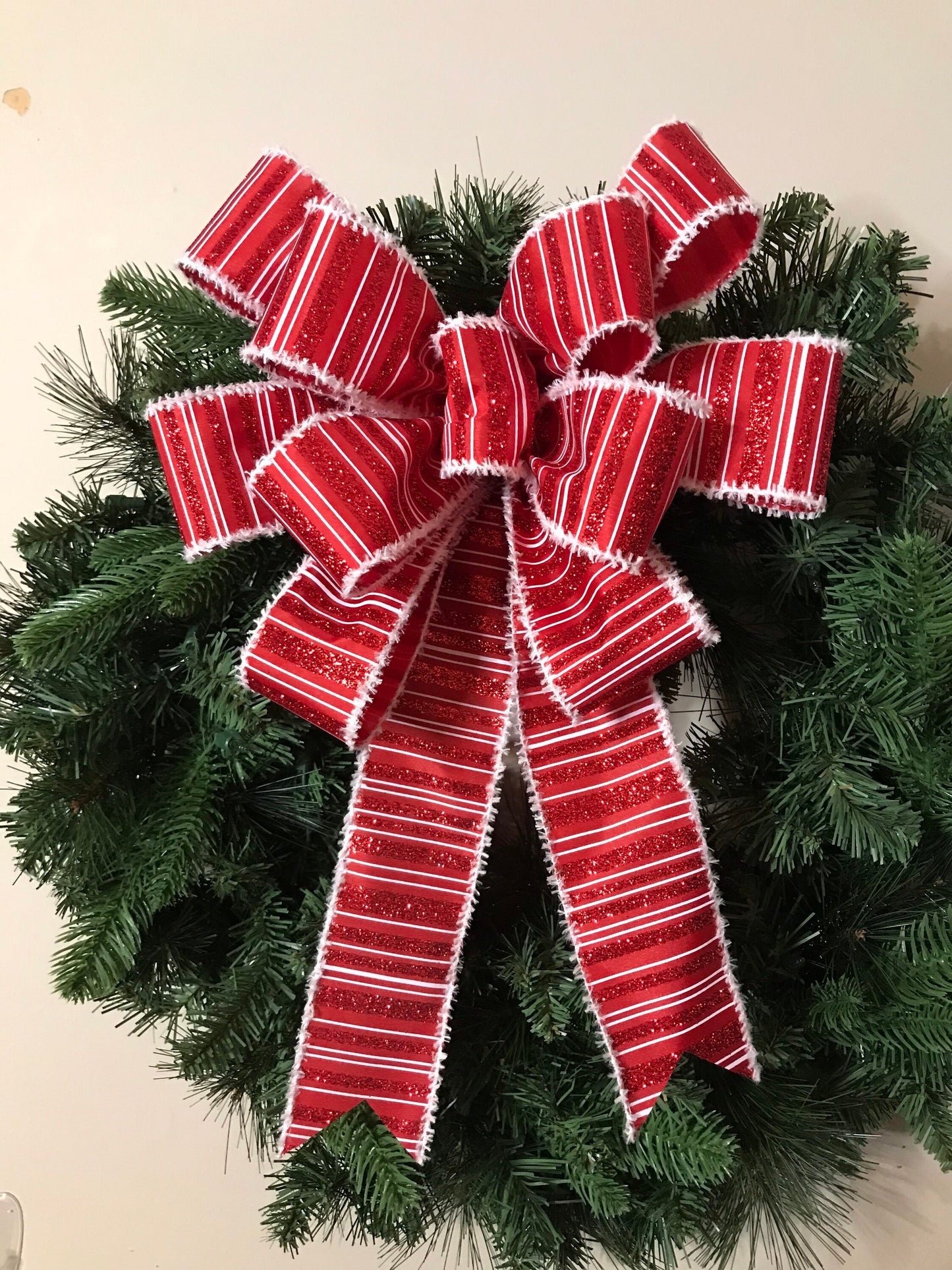 Red Glitter and White Christmas wreath bow, 12” Christmas bow