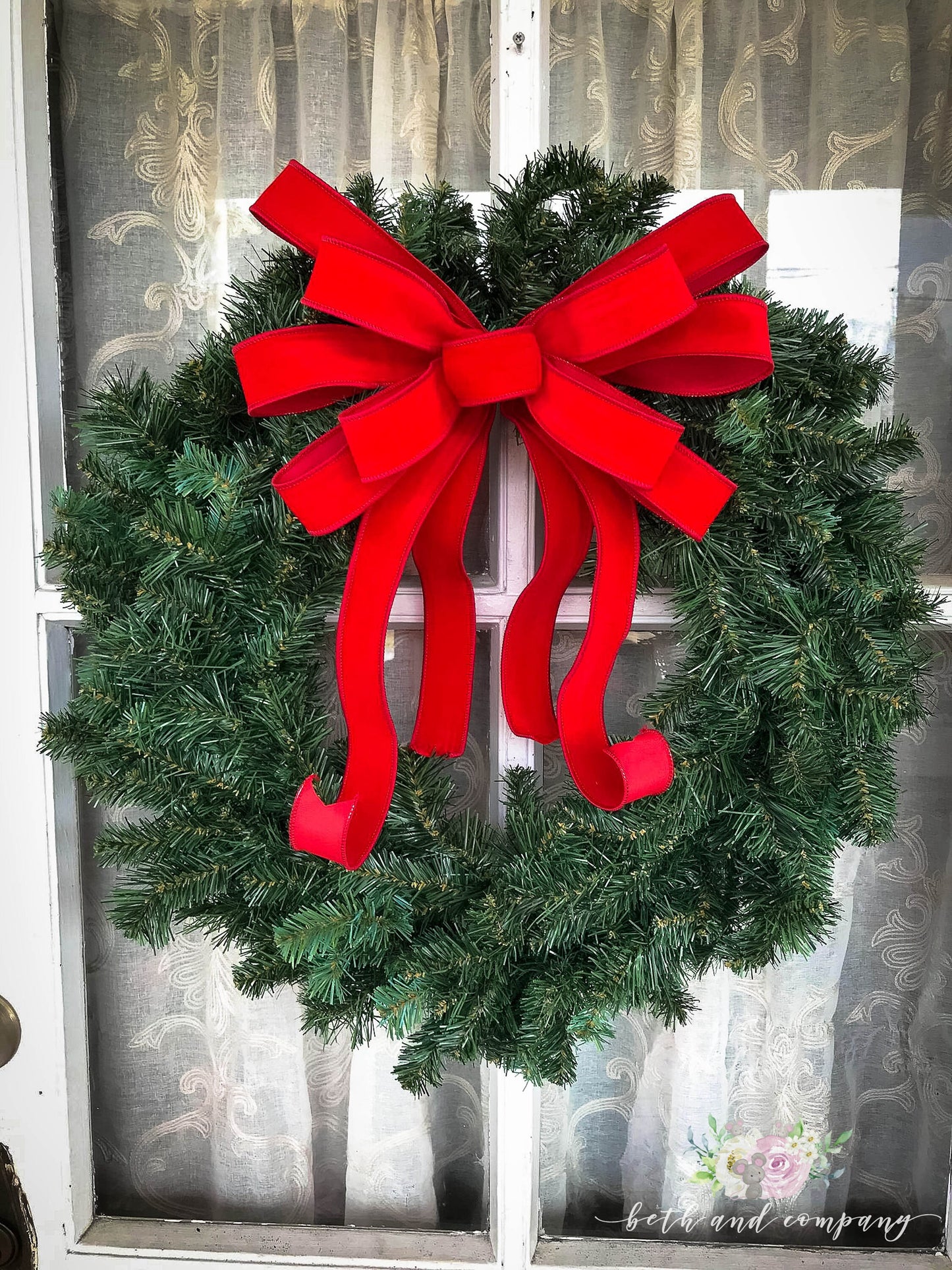 OUTDOOR Red Velvet Christmas wreath bow, Narrow Weatherproof bow with plastic liner
