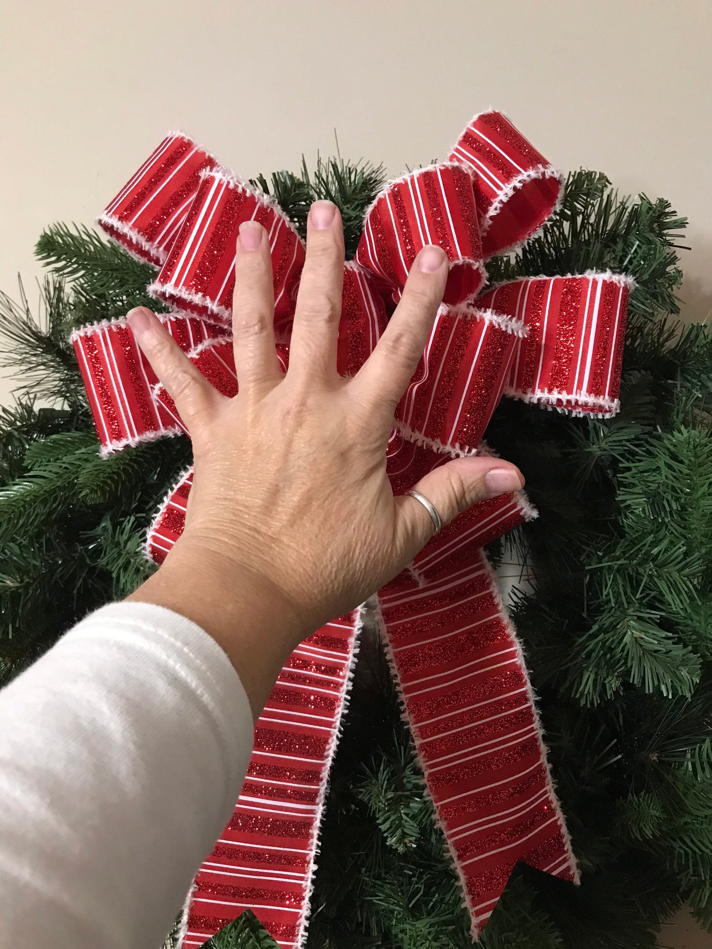 Red Glitter and White Christmas wreath bow, 12” Christmas bow