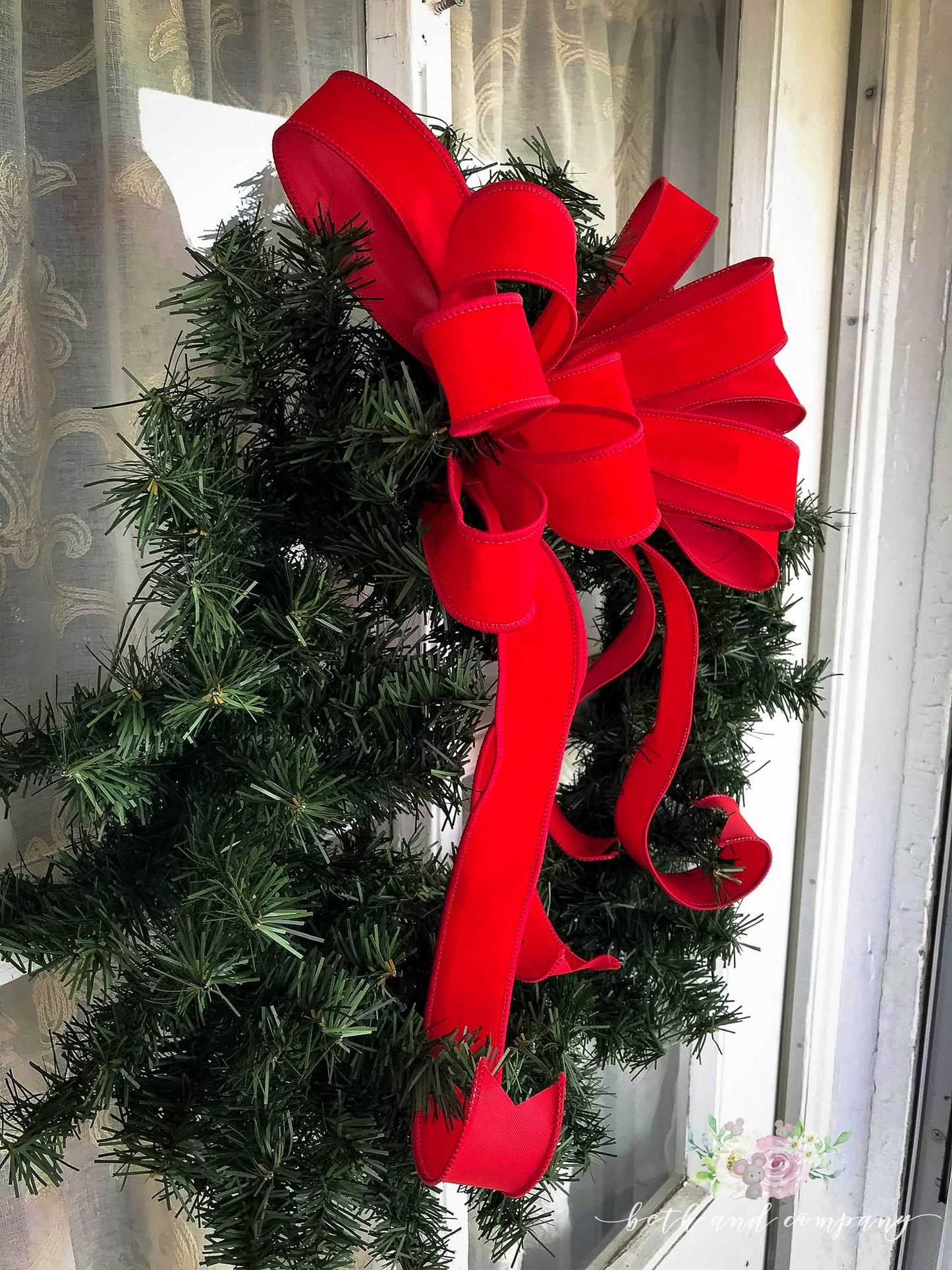 OUTDOOR Red Velvet Christmas wreath bow, Narrow Weatherproof bow with plastic liner