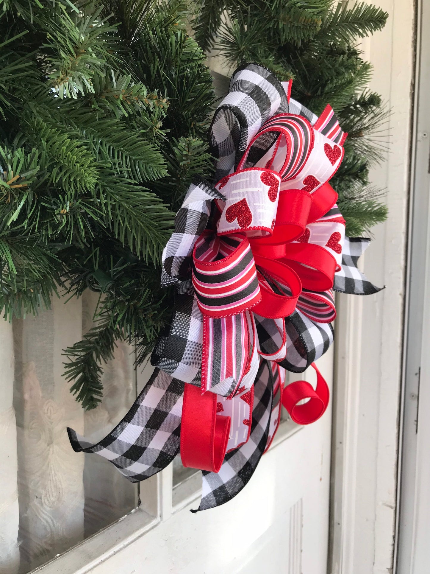 Valentine's Day Wreath Bow, Mixed Ribbon Buffalo Plaid Bow