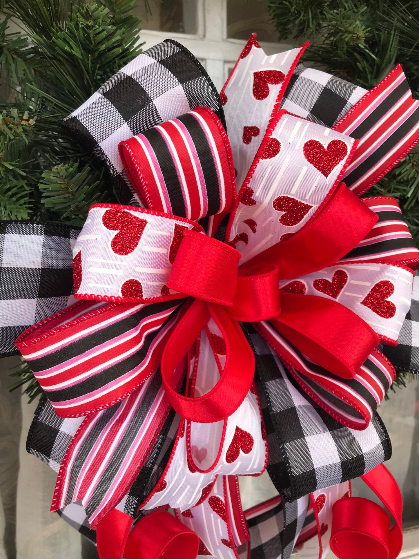 Valentine's Day Wreath Bow, Mixed Ribbon Buffalo Plaid Bow