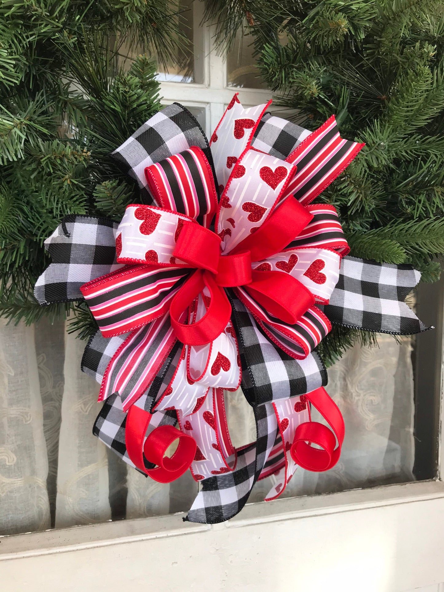 Valentine's Day Wreath Bow, Mixed Ribbon Buffalo Plaid Bow